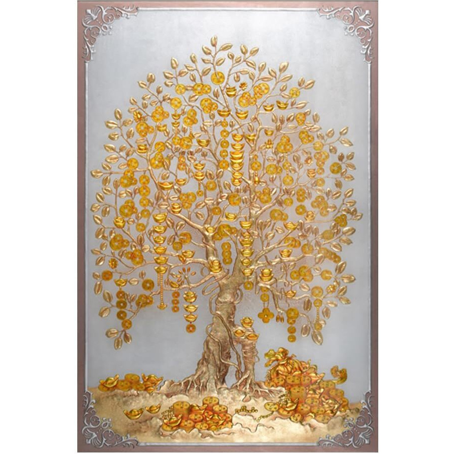 Dharvika Innovations Vastu Kalpavriksha Money Golden Tree Painting Sparkle Coated Self Adhesive Wallpaper Without Frame Digital Reprint -2695 (1218 Inch, Golden Tree)