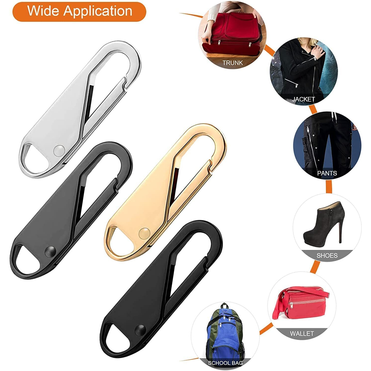 Bestaqua 20 Pieces Zipper Pull Replacement Zipper Repair Kit Zipper Slider Pull Tab Universal Zipper Fixer Metal Zipper Head (Black, Silver, Golden)
