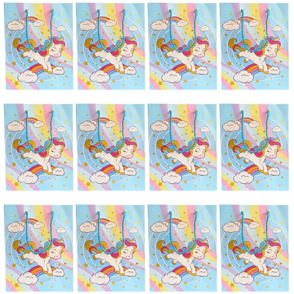 Gold Leaf Unicorn Themed Paper Bags, Unicorn Gift Goody Bags Candy Bag With Handle Reusable Birthday Bag Sweet Treat Bags Party Bags For Girls Kids Celebrations Baby Shower Halloween Christmas (Blue, 1 Count (Pack Of 12))