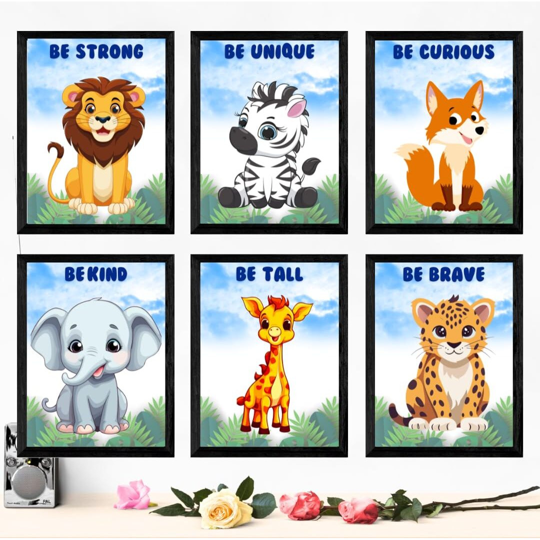 Casabonica Family, Kids & Love Wall Posters|Safari Animals Nursery Wall Frames|Framed Posters|Wall Posters With Frame For Office, Home, Bedroom, Living Room|Set Of 6 | Size - A3