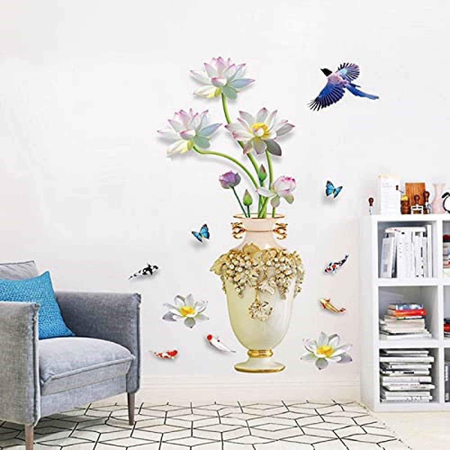 Jaamso Royals Lotus 3D Vase Wallstickers For Living Room Flowers, Floral Wall Stickers, Flower Sticker, Nature Wall Stickers, Garden Stickers For Walls Of Home (60 Cm X 90 Cm)