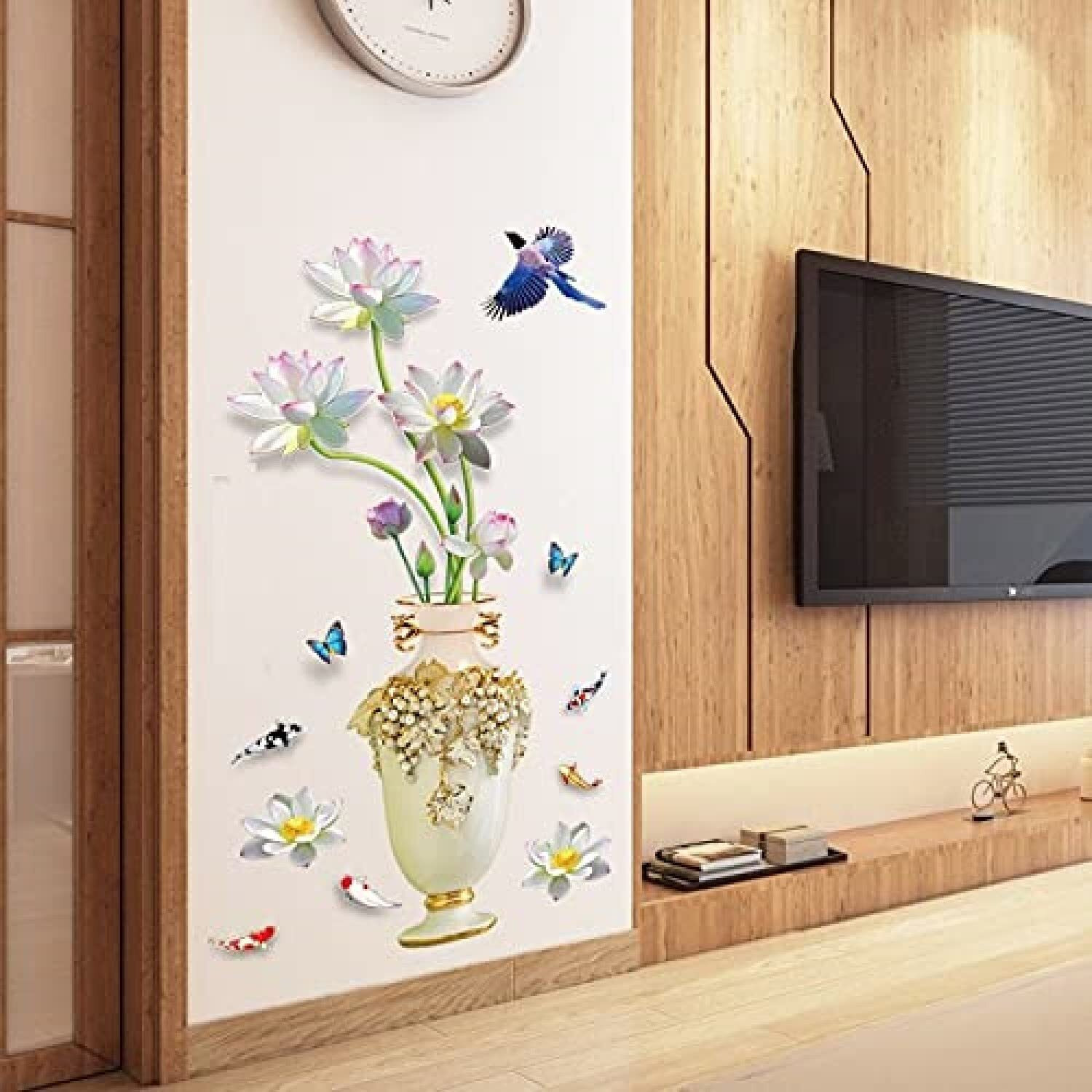 Jaamso Royals Lotus 3D Vase Wallstickers For Living Room Flowers, Floral Wall Stickers, Flower Sticker, Nature Wall Stickers, Garden Stickers For Walls Of Home (60 Cm X 90 Cm)