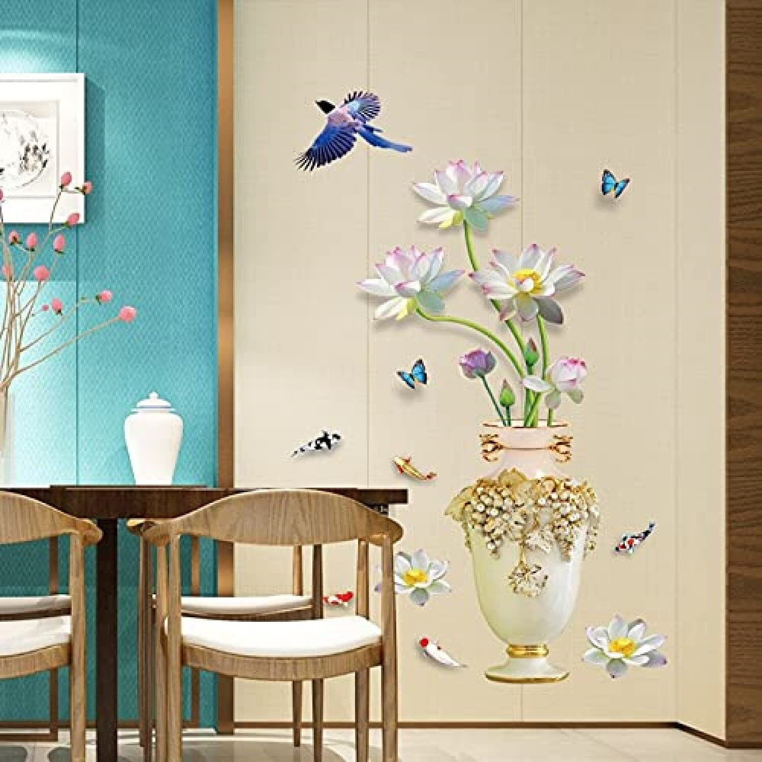 Jaamso Royals Lotus 3D Vase Wallstickers For Living Room Flowers, Floral Wall Stickers, Flower Sticker, Nature Wall Stickers, Garden Stickers For Walls Of Home (60 Cm X 90 Cm)