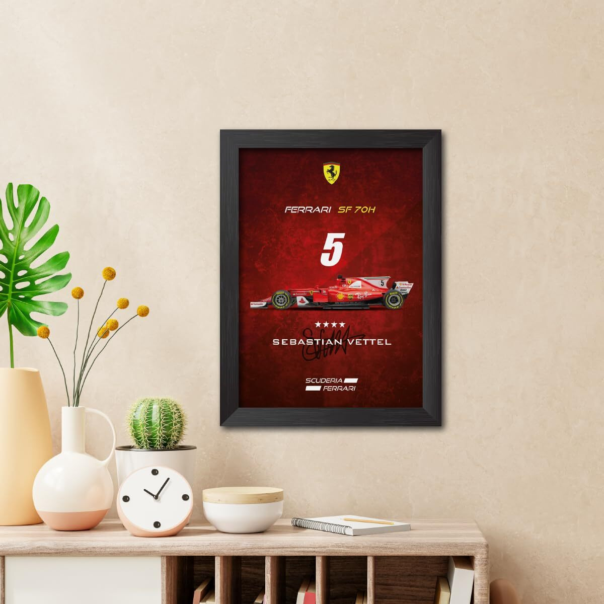Tenorarts Sebastian Vettel Poster Frame Ferrari Sf 70H F1 Racing Car 2017 Edition Formula One Photo Framed Painting With Matt Finish Black Texture (12 Inches X 9Inches)