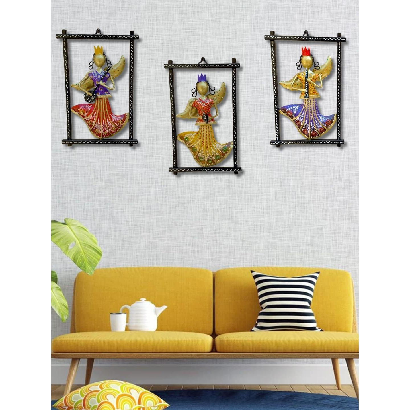 Anshika International 3 Rajasthani Pari Musician Wall Hangings For Home Decoration, Metal Wall Art Frame Wall Sculpture For Living Room, Bedroom Decorative Items (Size 12X7.5 In)