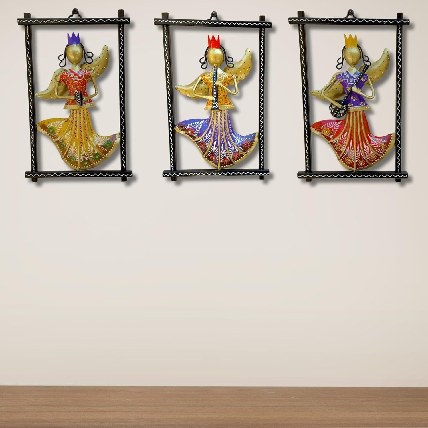 Anshika International 3 Rajasthani Pari Musician Wall Hangings For Home Decoration, Metal Wall Art Frame Wall Sculpture For Living Room, Bedroom Decorative Items (Size 12X7.5 In)