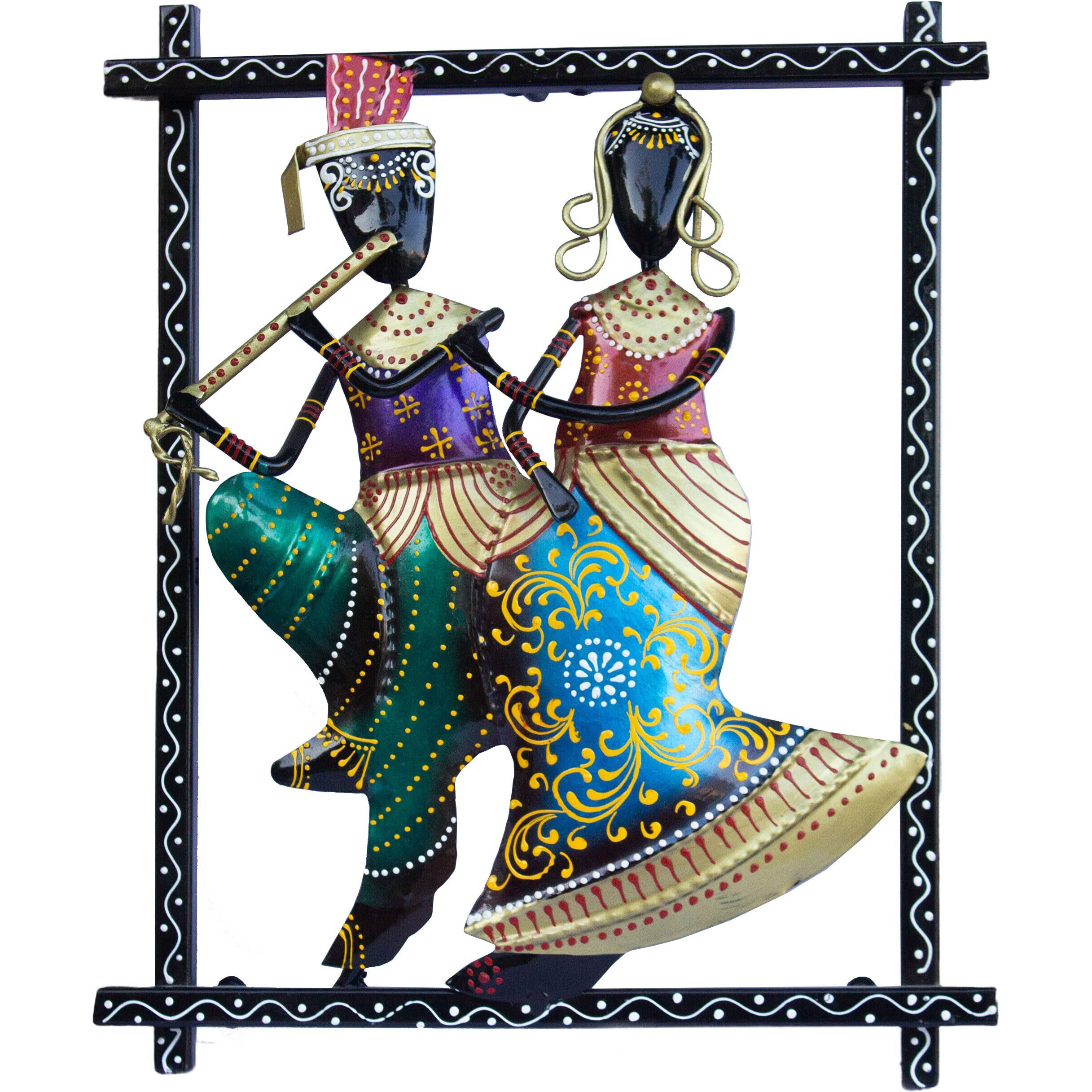 Kraftskala Radha Kishan Wall Hanging Showpiece, Vibrant Rajasthani Handpainted Wall Mount Frame Of Lord Krishna With Flute And Radha (Krishna-Radha)