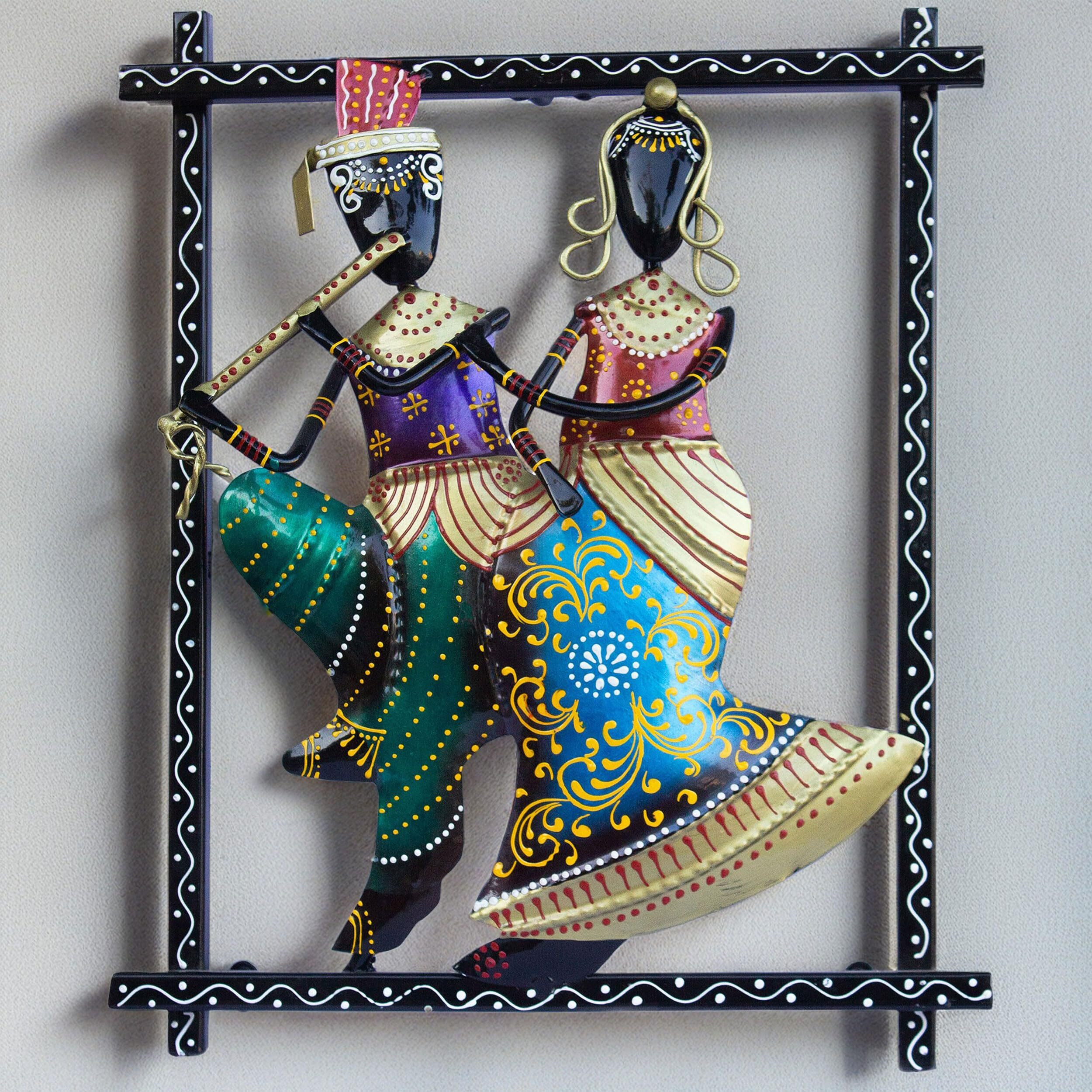 Kraftskala Radha Kishan Wall Hanging Showpiece, Vibrant Rajasthani Handpainted Wall Mount Frame Of Lord Krishna With Flute And Radha (Krishna-Radha)