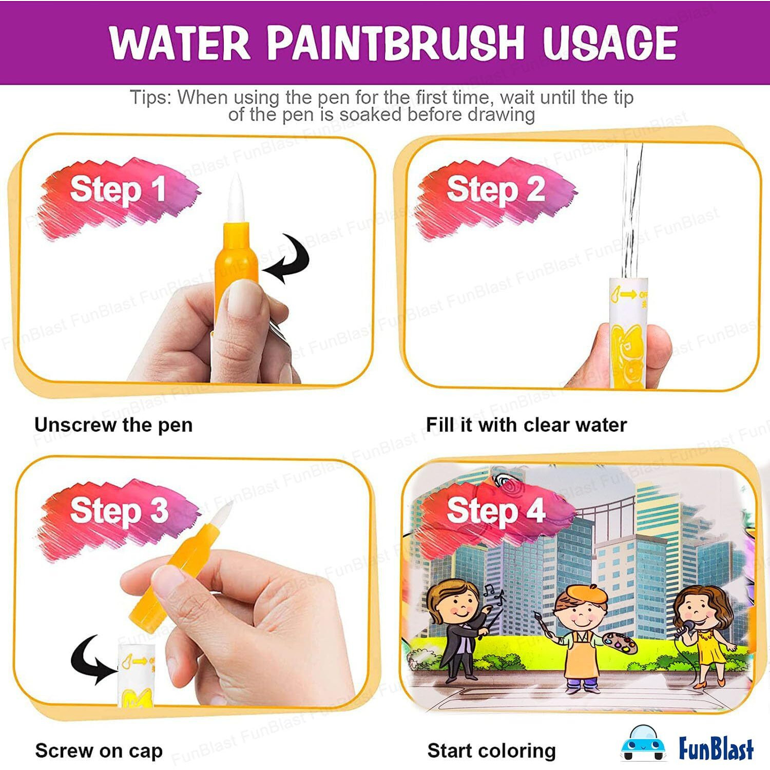 Funblast Cartoon Magic Water Painting Book With Magic Doodle Pen For Kids - Reusable Painting Scrap Kit, 12 Themes Drawing Sheets For Kids, Boys And Toddlers (666-6)