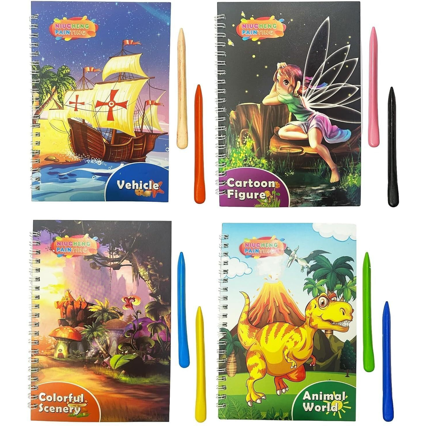 Super Toy 4 Pc Drawing Colouring Scratch Book With 12 Crayon Colors For Kids 3 6 12 Years Boys Girls Birthday Gift Educational Pre-School Art Craft Pad Supply Set