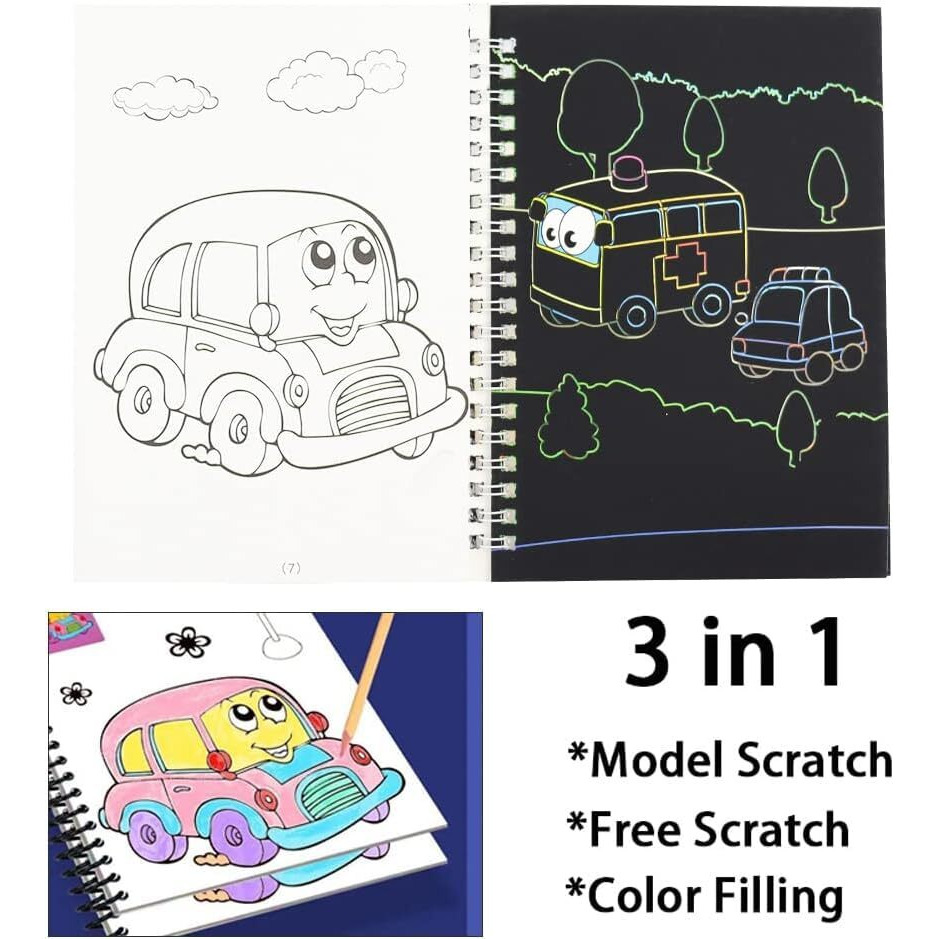 Super Toy 4 Pc Drawing Colouring Scratch Book With 12 Crayon Colors For Kids 3 6 12 Years Boys Girls Birthday Gift Educational Pre-School Art Craft Pad Supply Set