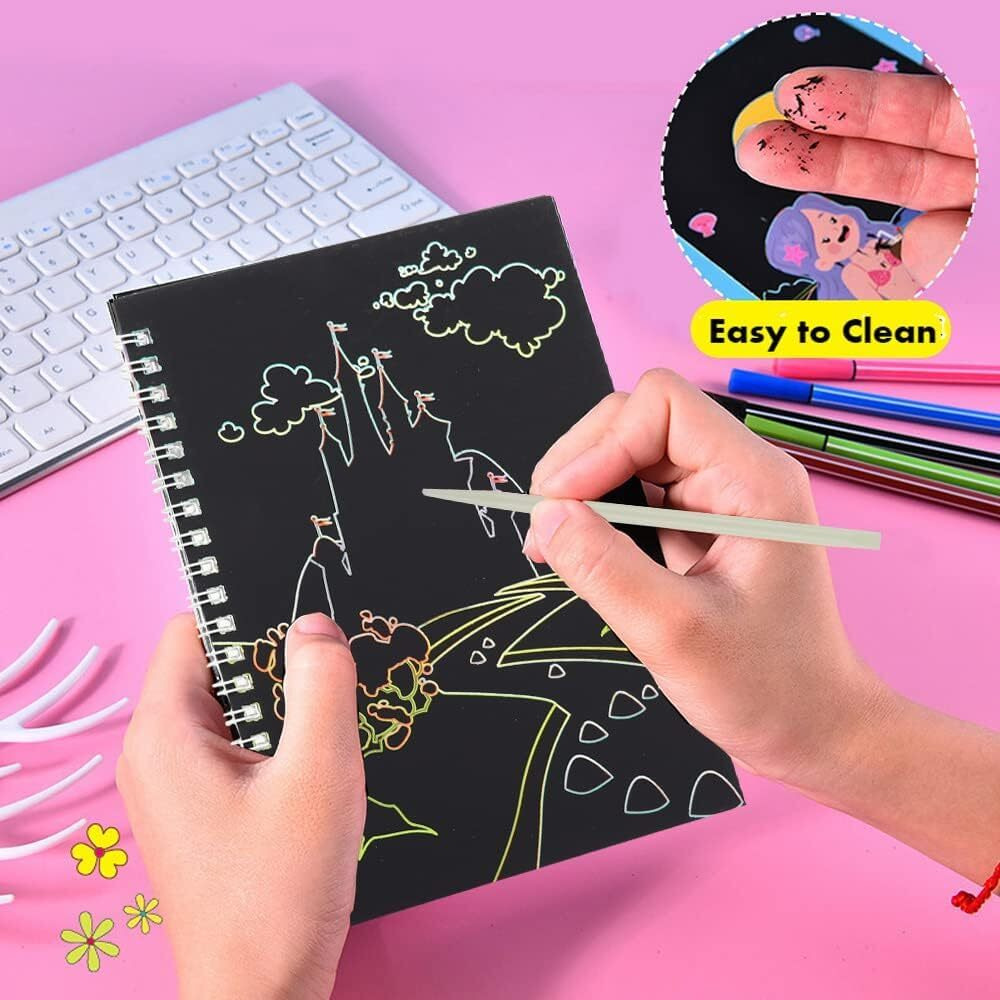 Super Toy 4 Pc Drawing Colouring Scratch Book With 12 Crayon Colors For Kids 3 6 12 Years Boys Girls Birthday Gift Educational Pre-School Art Craft Pad Supply Set