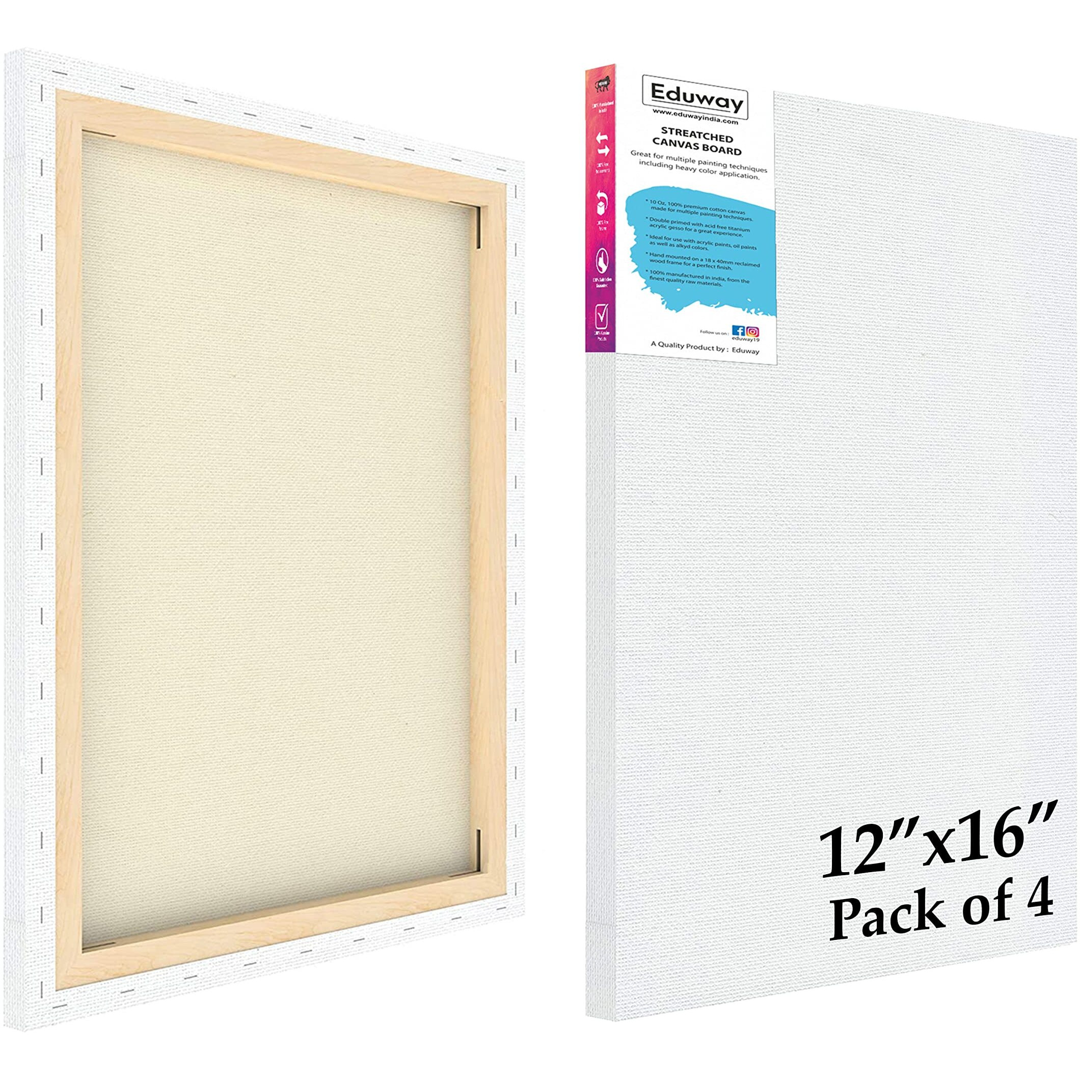 Eduway 12X16 Inches Pre Stretched Medium Grain 7Oz Primed Cotton Painting Canvas With Wooden Frame For Beginners & Artist | Suitable With Acrylic, Oil, Water Colours- (Set Of 4)