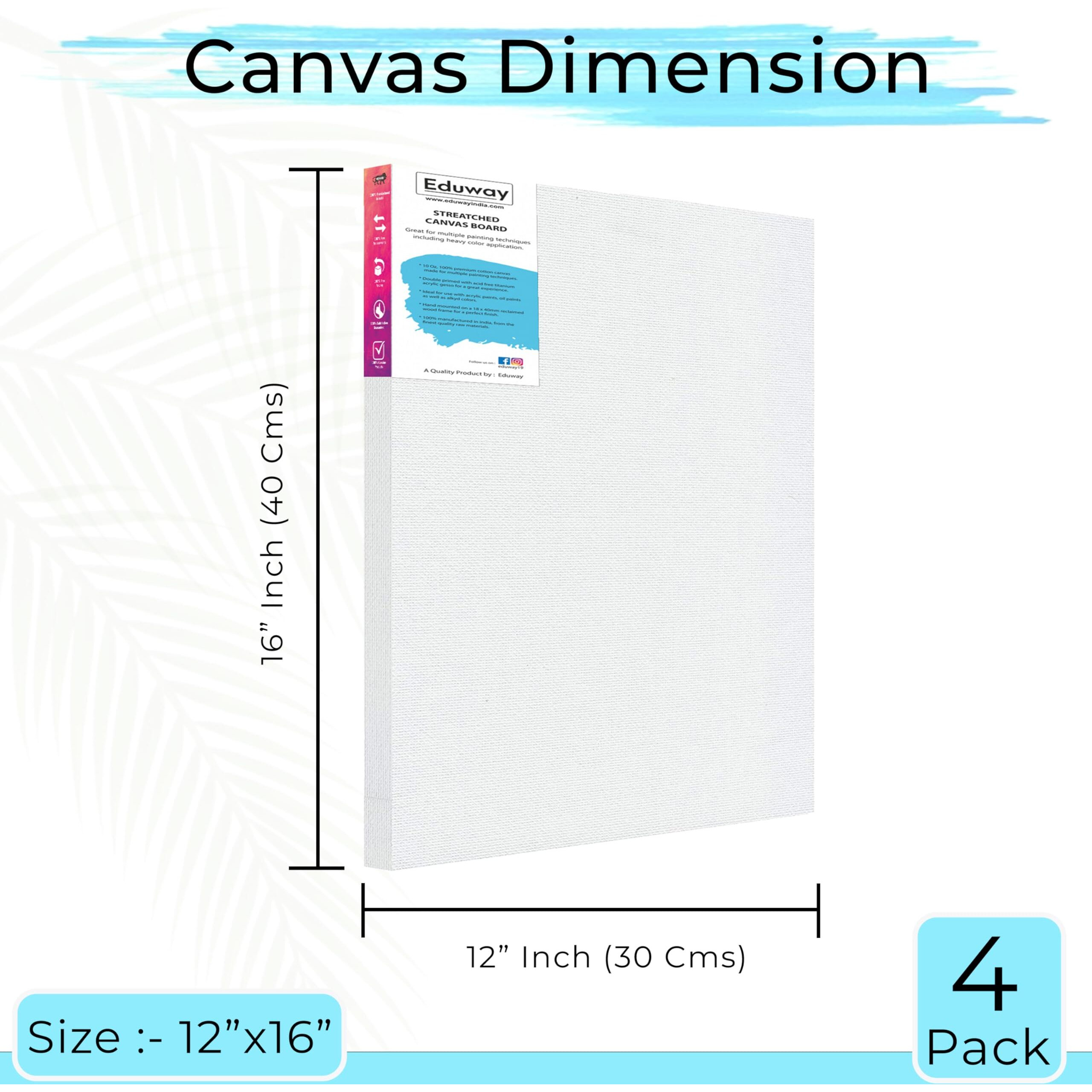 Eduway 12X16 Inches Pre Stretched Medium Grain 7Oz Primed Cotton Painting Canvas With Wooden Frame For Beginners & Artist | Suitable With Acrylic, Oil, Water Colours- (Set Of 4)