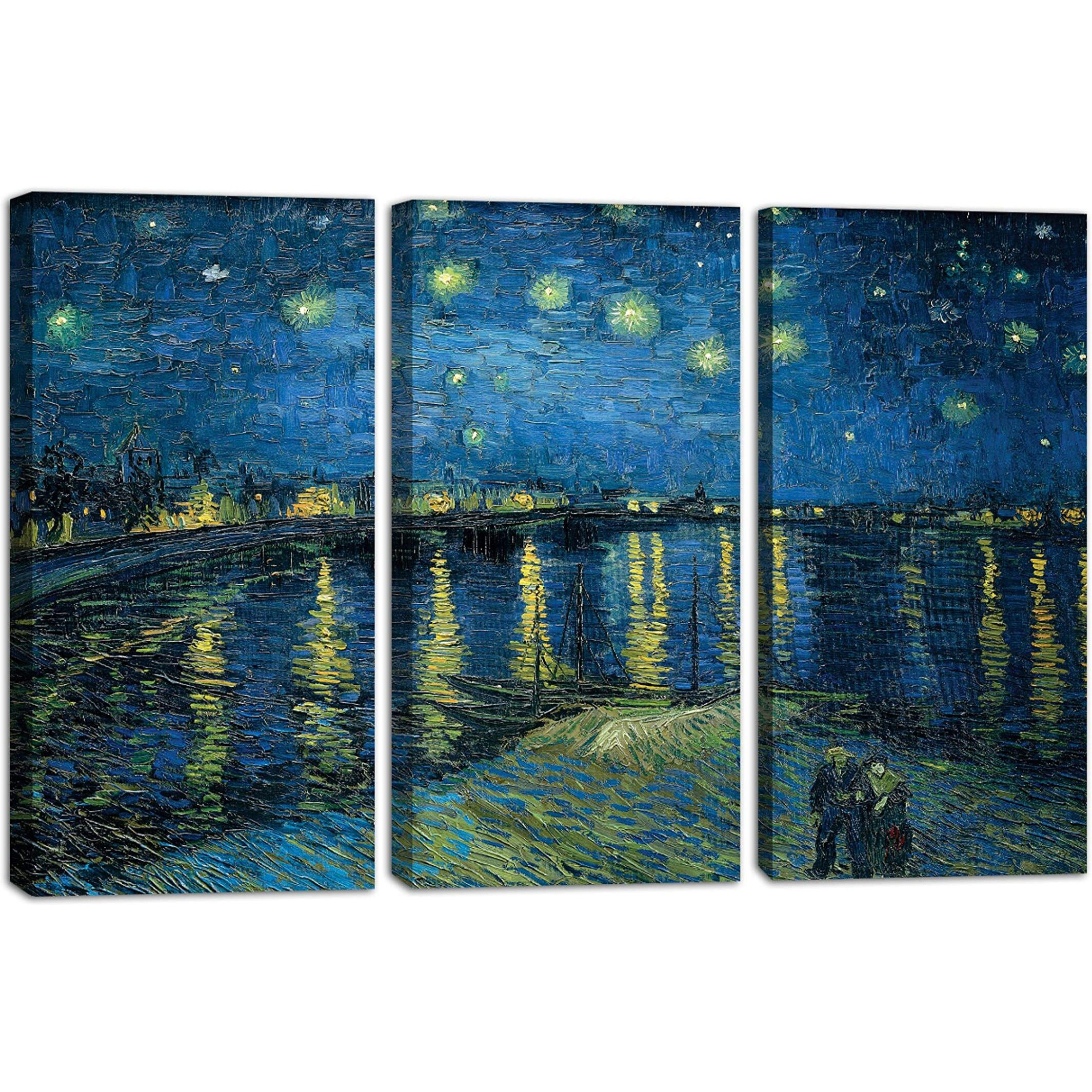 Printelligent Canvas Wall Art. Stars Lake Night View Painting For Hotel, Office, And Living Room Wooden Frame 3 Panel Split Hangings Ready To Hang 18X36 Inches