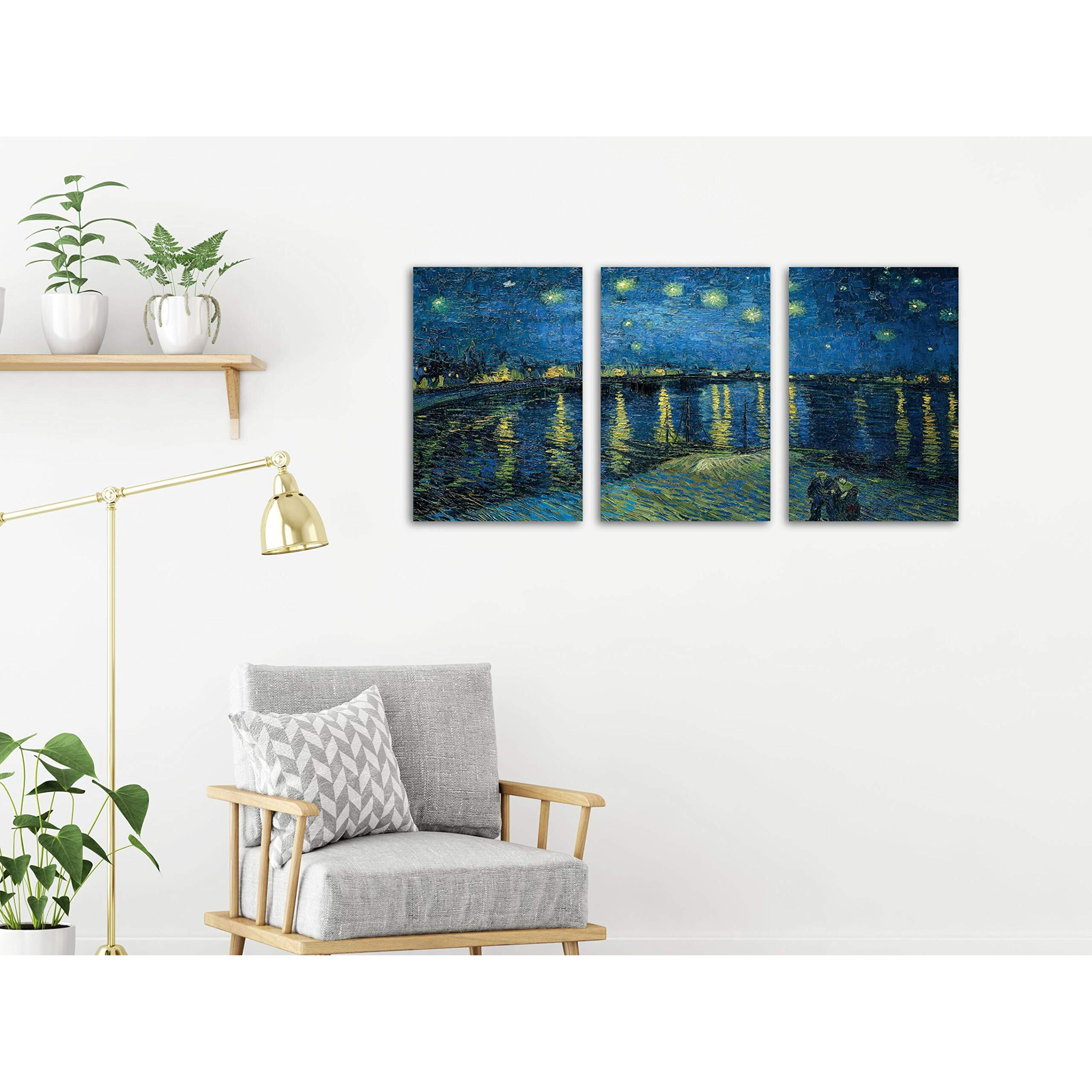 Printelligent Canvas Wall Art. Stars Lake Night View Painting For Hotel, Office, And Living Room Wooden Frame 3 Panel Split Hangings Ready To Hang 18X36 Inches