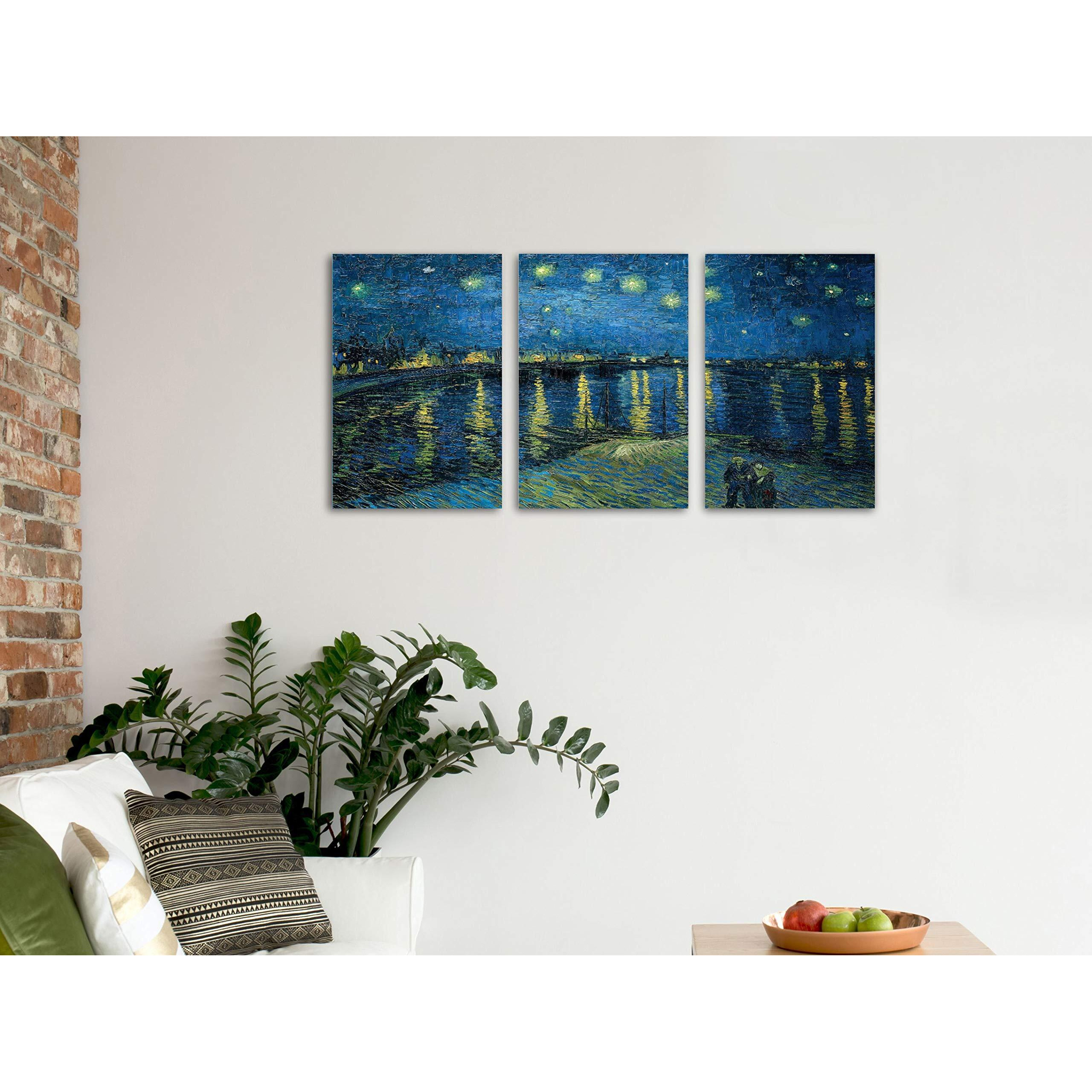 Printelligent Canvas Wall Art. Stars Lake Night View Painting For Hotel, Office, And Living Room Wooden Frame 3 Panel Split Hangings Ready To Hang 18X36 Inches