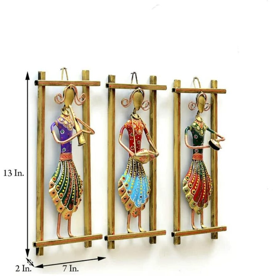 Framing Hub Musician Metal Wall Art(Set Of 3), Indian, Home Decor Art, Metal Wall Hanging Decorative Musician Ladies, Metal Sculpture, Indian Handmade
