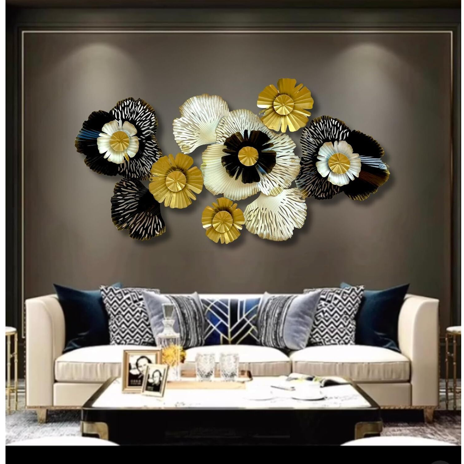 Rsn Multi Flower Leaf Metal Wall Art Frame, Wall Sculpture, Wall Hanging For Living Room, Bedroom, Dining Room, Office Home Decorative Wall Frame (Size 40X24 Inch)