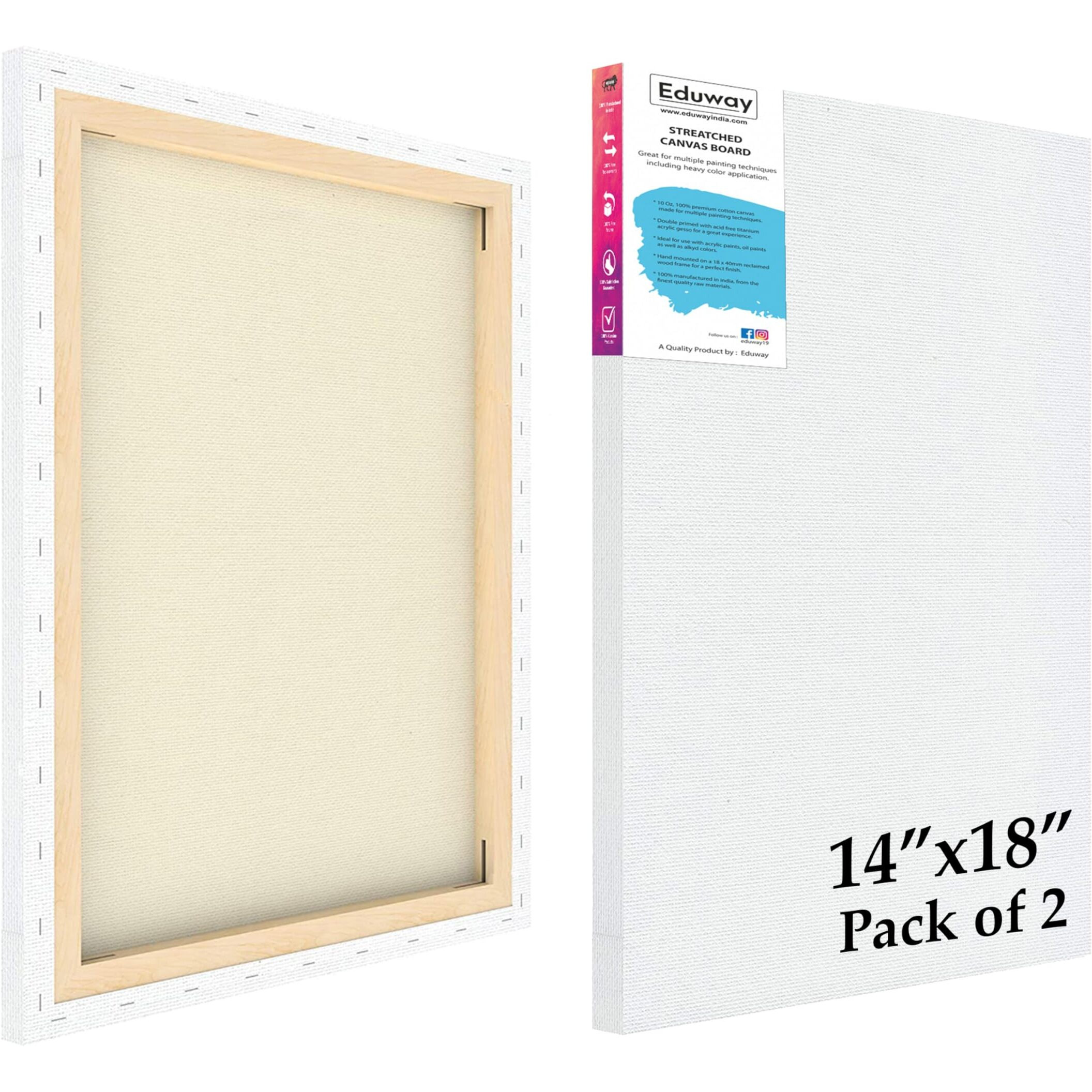 Eduway 14Z18 Inches Pre Stretched Medium Grain 7Oz Primed Cotton Painting Canvas With Wooden Frame For Beginners & Artist | Suitable With Acrylic, Oil, Water Colours- (Set Of 2)