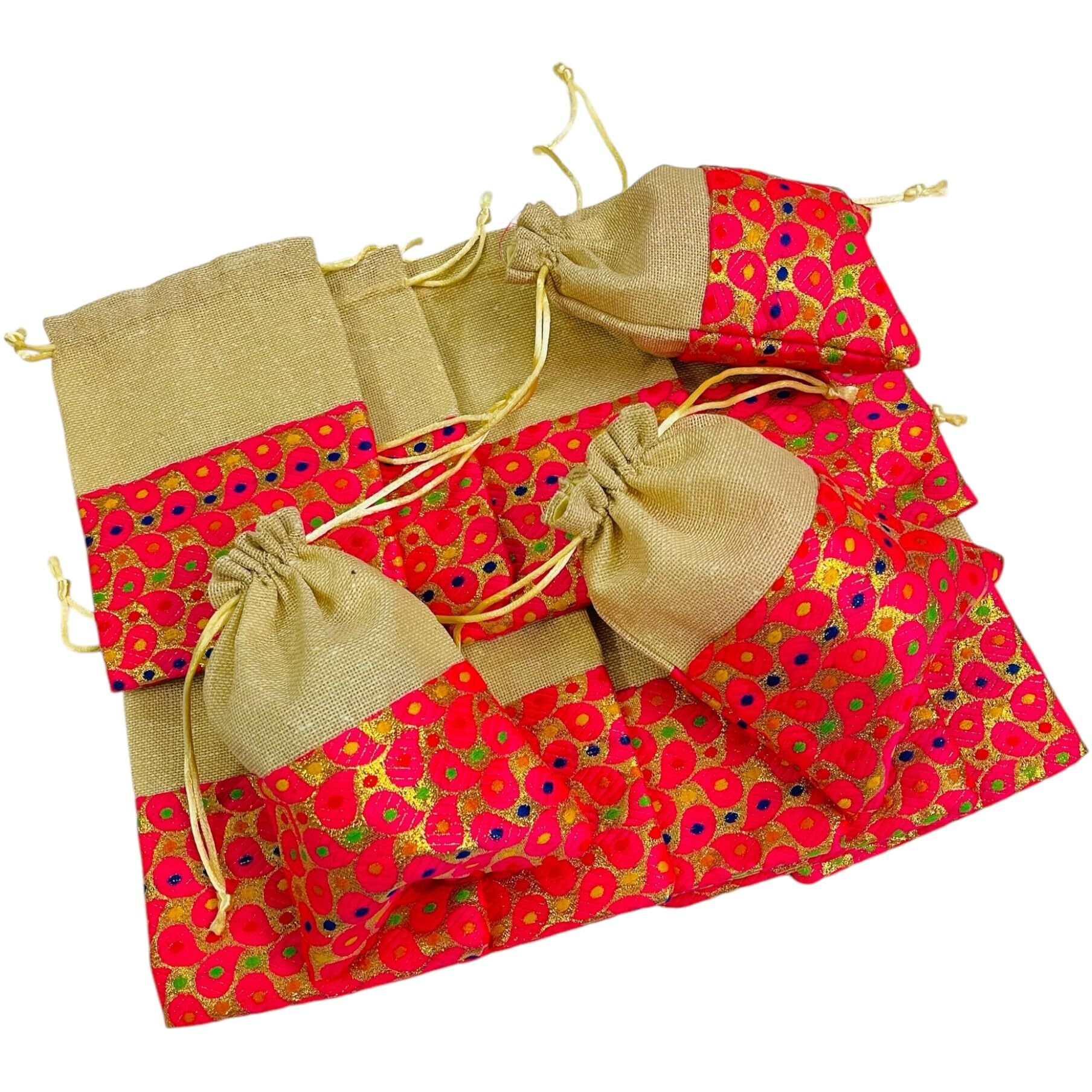 Moira Magenta Half Jute And Half Brocade Potli Gift Bags, Pack Of 20, Size 18 X 12 Cm, Capacity 250 G
