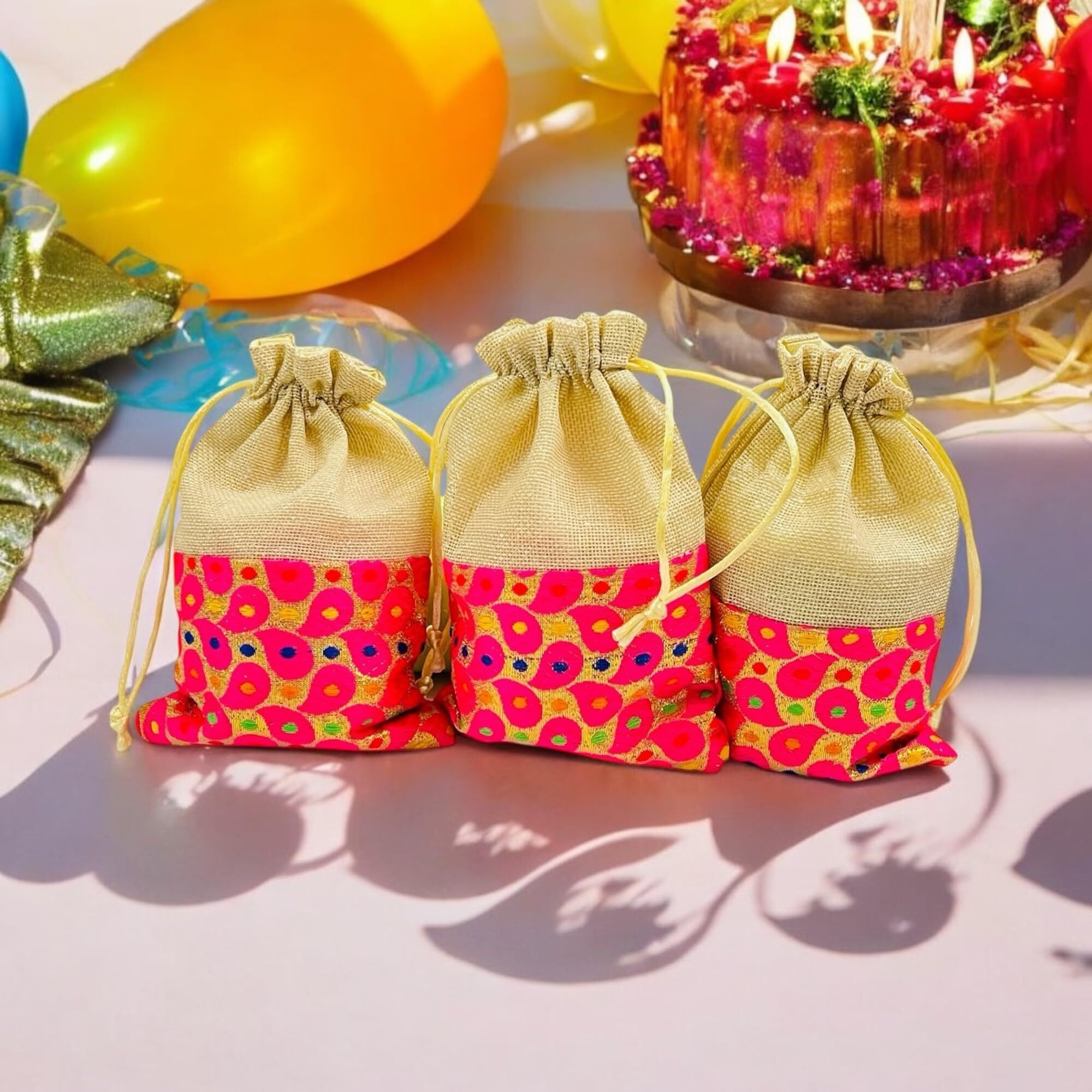 Moira Magenta Half Jute And Half Brocade Potli Gift Bags, Pack Of 20, Size 18 X 12 Cm, Capacity 250 G