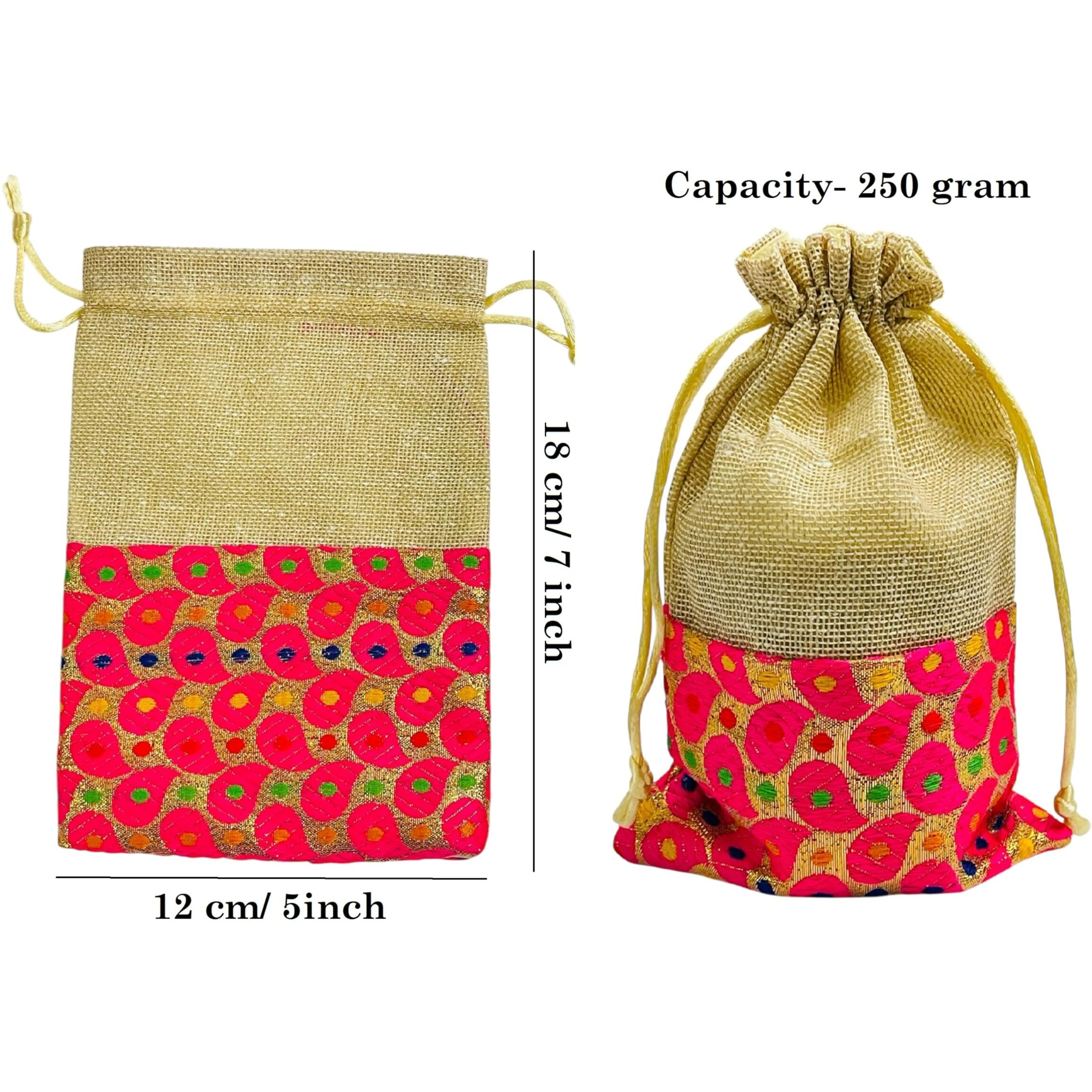 Moira Magenta Half Jute And Half Brocade Potli Gift Bags, Pack Of 20, Size 18 X 12 Cm, Capacity 250 G