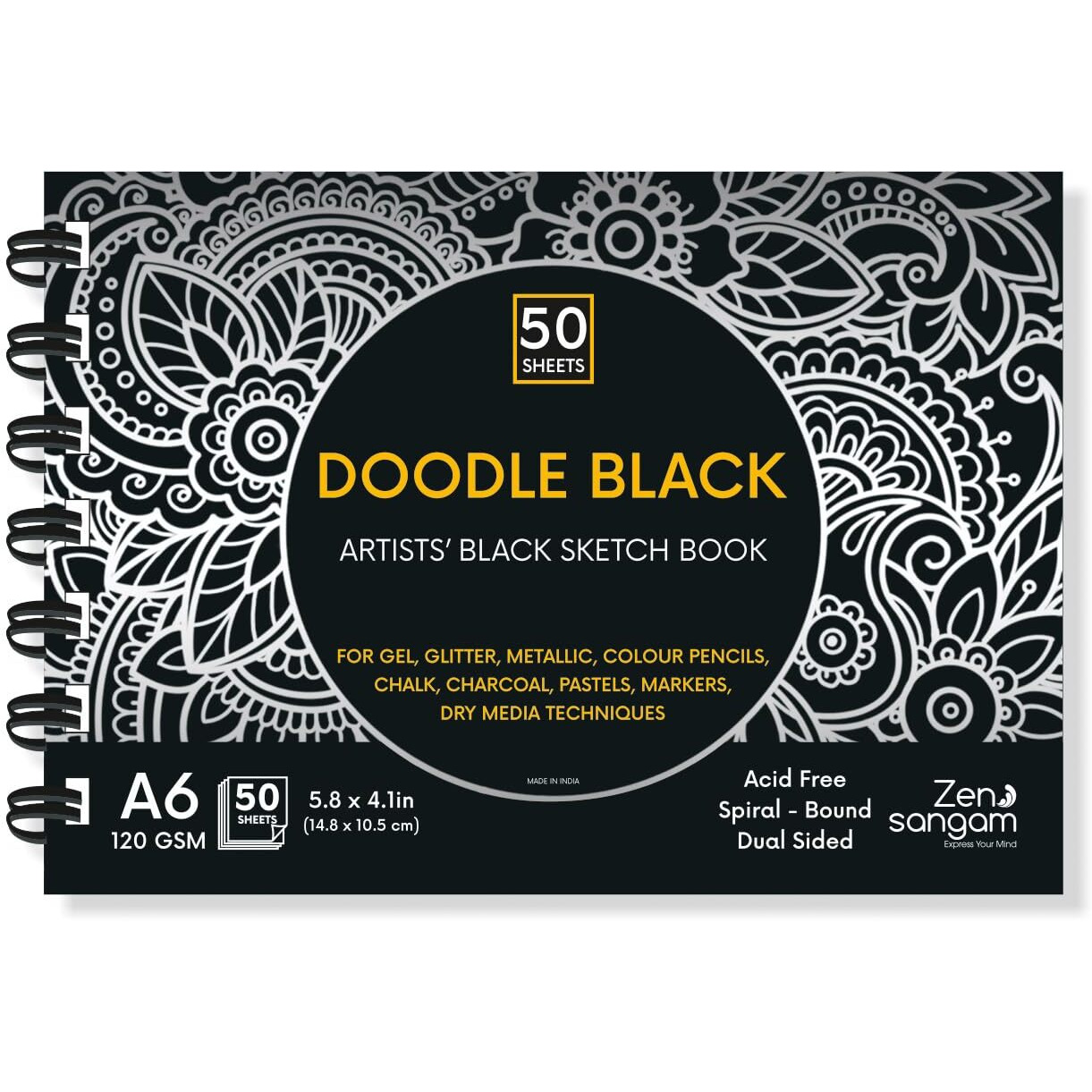 Zen Sangam Doodle Black Paper Sketchbook Drawing Note, A6 (Landscape) - 120Gsm - 50 Sheets (100 Pages) - Wiro Spiral Black Paper Sketch Book