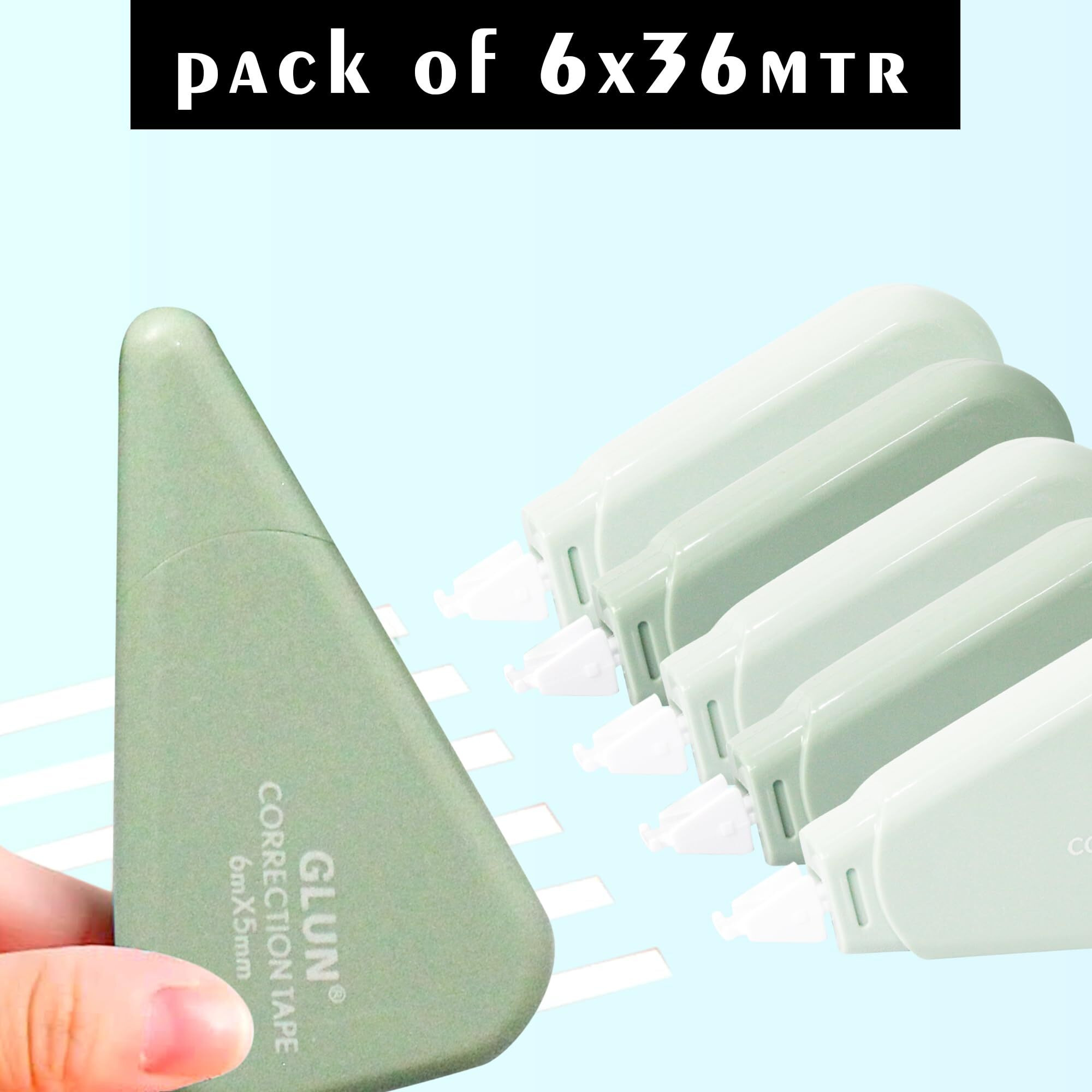 Glun White Stripe Correction Tape Pack Of 6 (6M Each) White Strip Error Correction Tape 5Mm Thickness With Front Cap Use In Office, Schools, Project, & Assignment