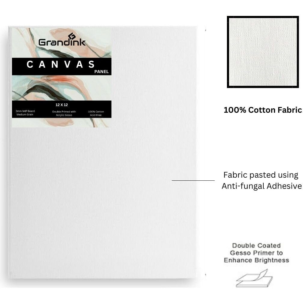 Grandink Canvases For Painting, 12X12 Inch Of 12, Professional Primed White Blank Flat Canvas Panels- 100% Cotton Artist Canvas Boards For Oil Watercolor Tempera, Acrylics Painting