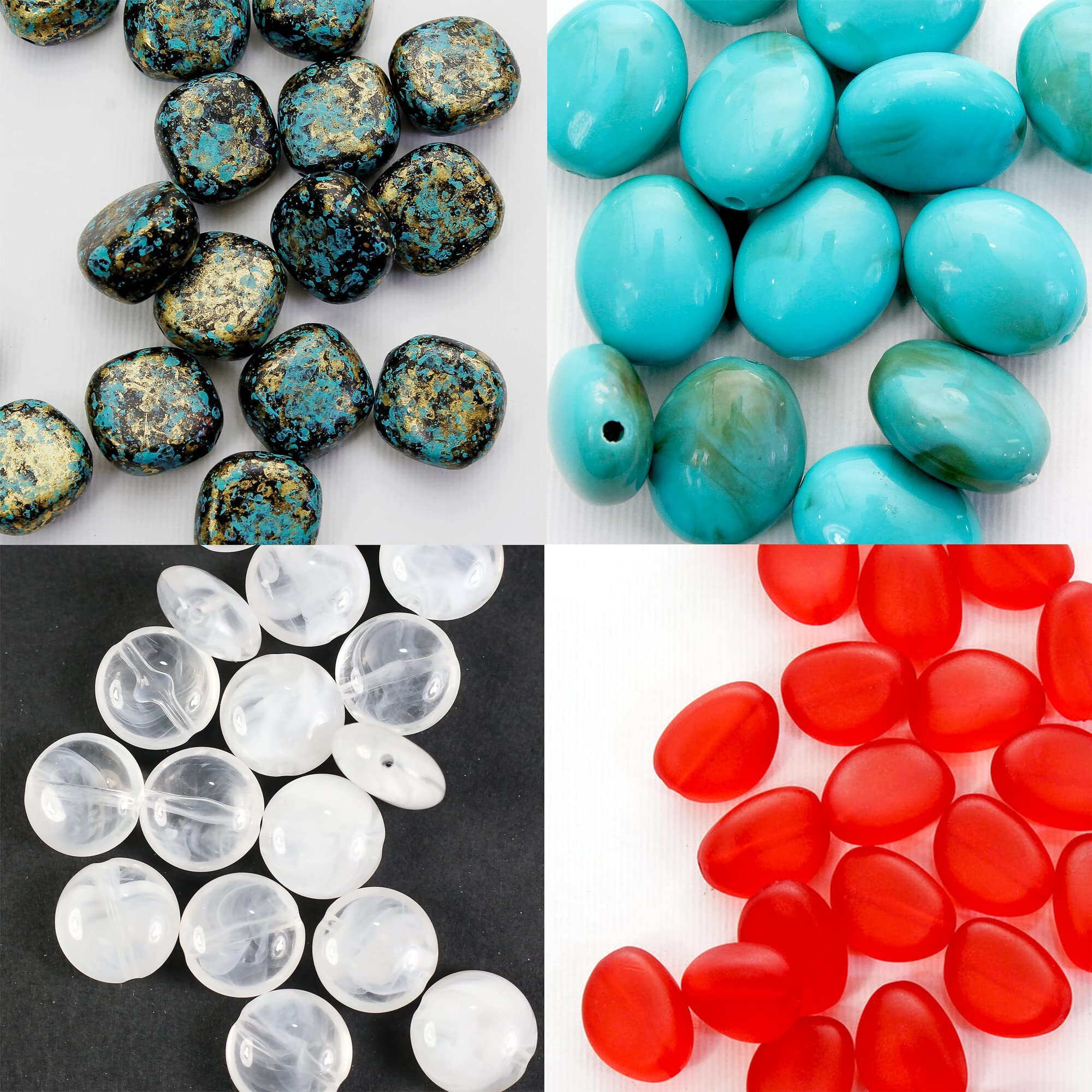 Itsy Bitsy Premiumtransparent Round Bead, Glassy Scarlet Oval Bead, Turquoise Oval Stone Bead, Turquoise Gold Marbled Bead | Craft And Jewellery Making Beads | Set Of 4- Each Pack 30G