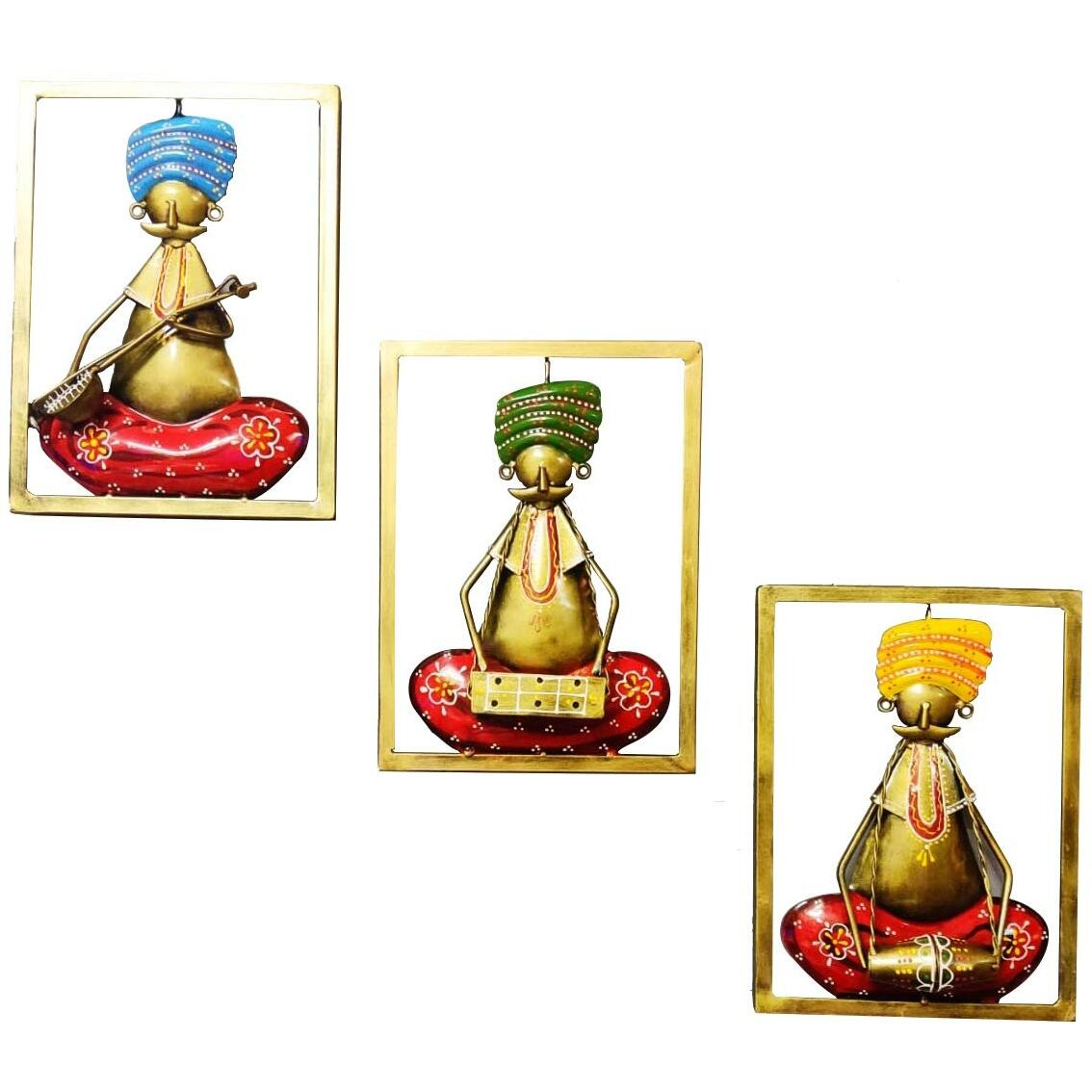 Collectible India Rajasthani Musician Playing Different Instrument Metal Wall Hanging Art Showpiece/Decorative Tribal 3 Men Playing Instruments Frames (Multicolour)
