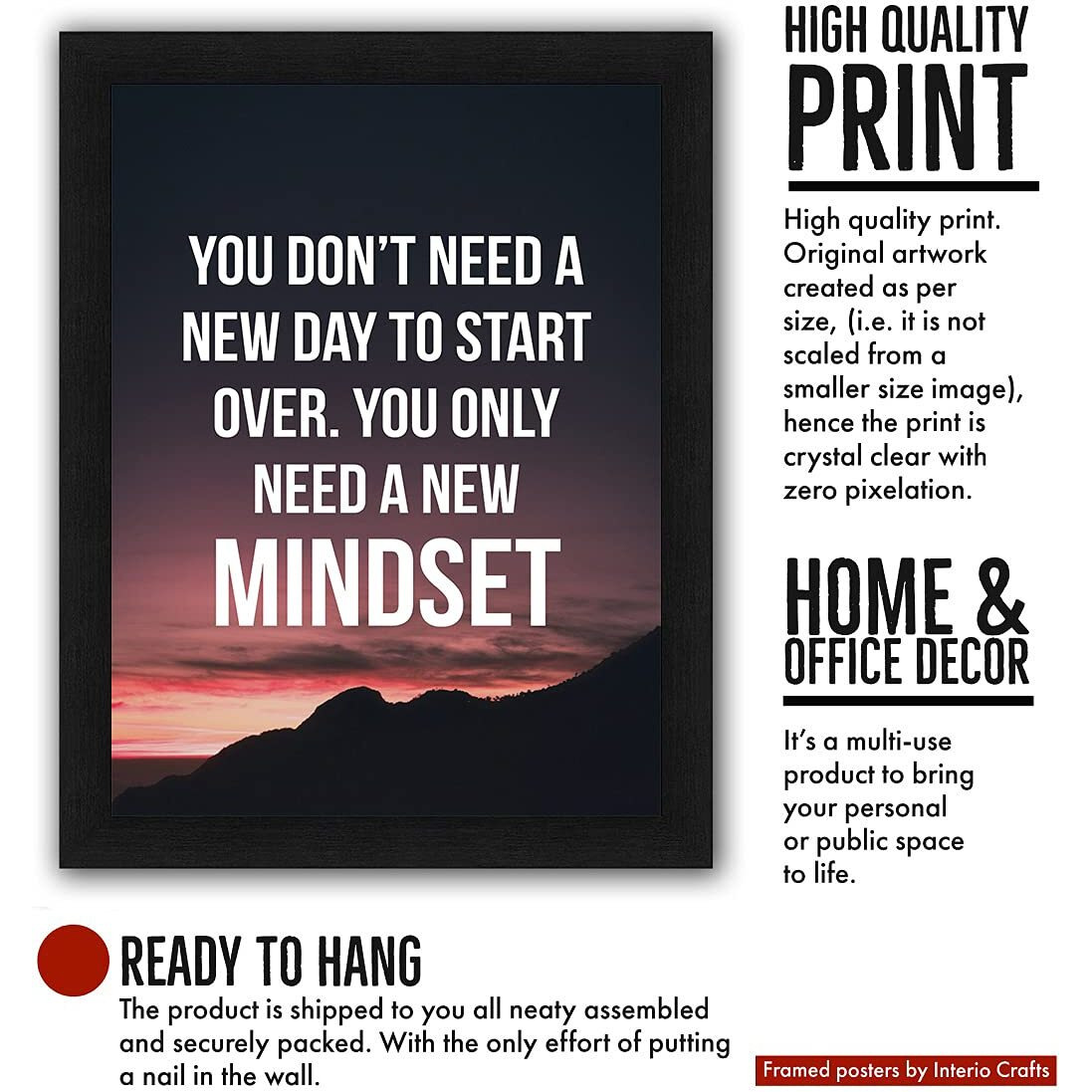 Interio Crafts Mindset Motivational Wall Framed Posters (Synthetic Wood,Black 13X10 Inches)