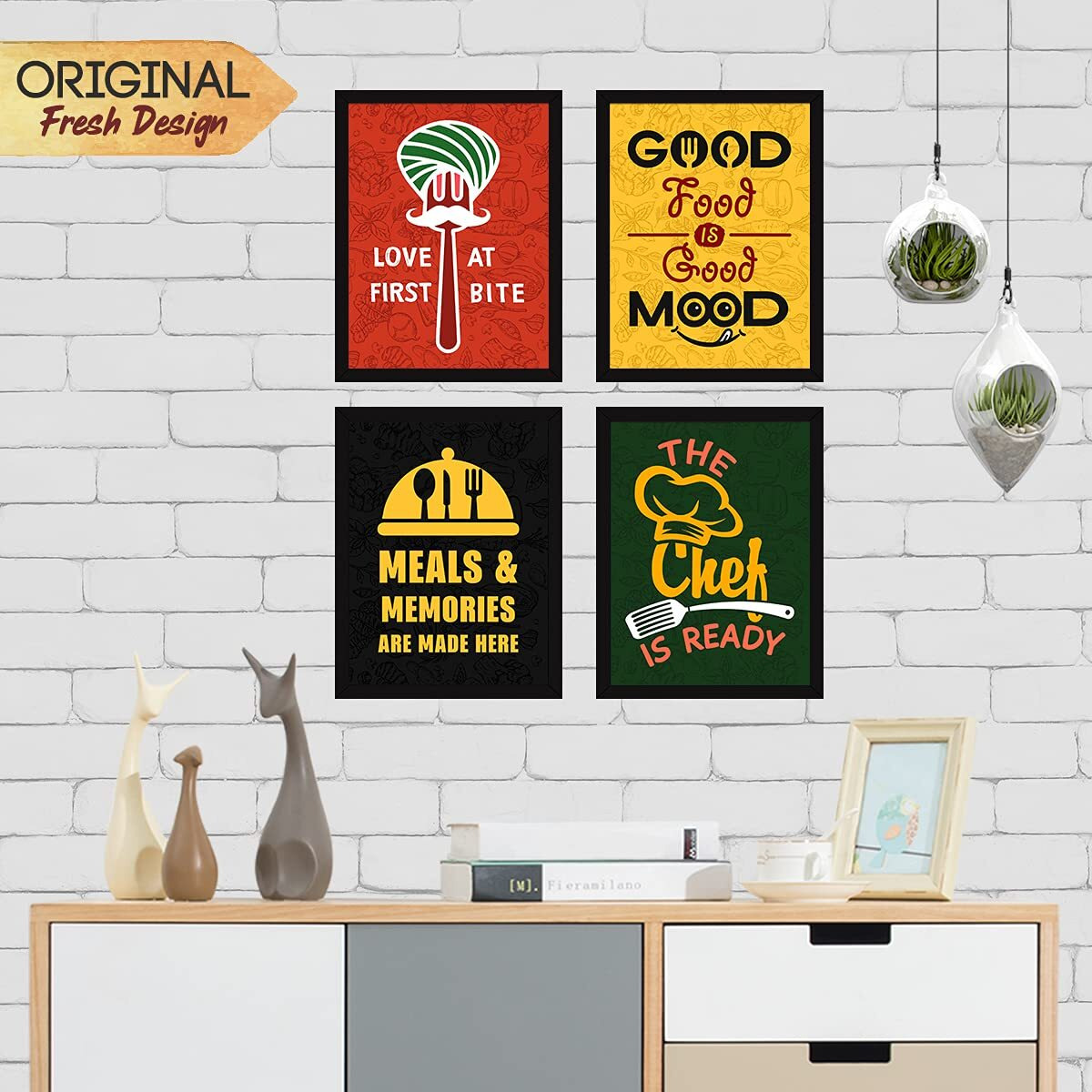 Chaka Chaundh Acrylic Restaurant Wall Posters - Kitchen Quotes Decor Framed - Dining Wall Hanging - Set Of 4 (14 X 11 Inches, Multicolor)