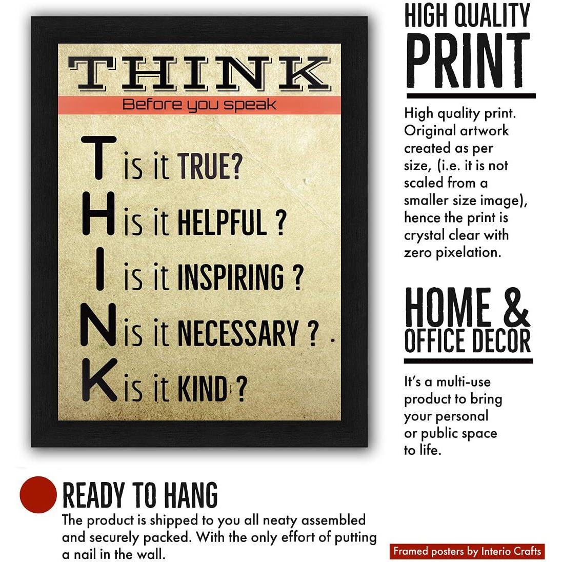 Interio Crafts Think Before You Speak Motivational Frames For Office (Black,Frame Size 13&quotX10" Inches,Material  Synthetic Wood)