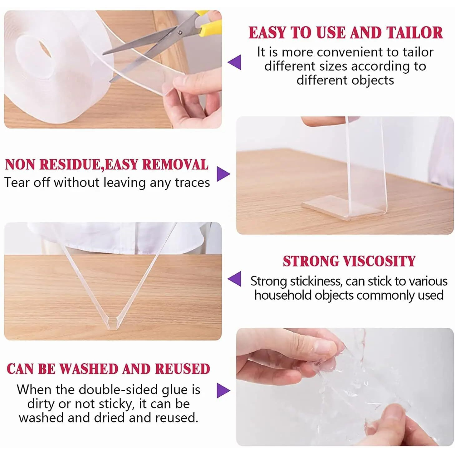 Mobdesk Double Sided Tape Adhesive Heavy Duty Multipurpose Strong Sticky Strip Grip Transparent Silicone Tape Removable Traceless Mounting For Walls Washable Anti-Slip Heat Resistant Multi-Functional