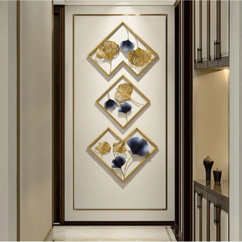 Dewogift Multicolor Decorative Metal Wall Art Decor Sculpture Set Of 3 For Living Room Bedroom Office Hallway Decoration | Gingko Leaf | Geometrical