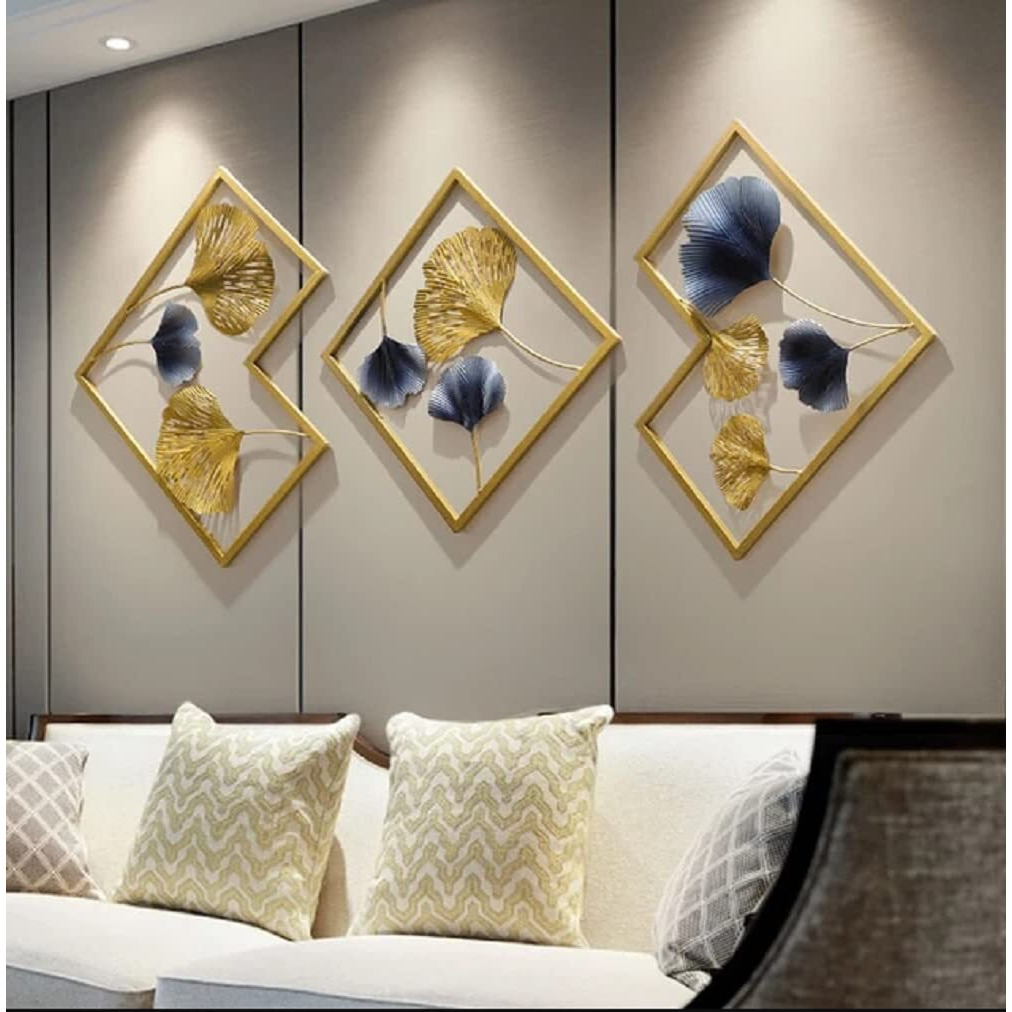 Dewogift Multicolor Decorative Metal Wall Art Decor Sculpture Set Of 3 For Living Room Bedroom Office Hallway Decoration | Gingko Leaf | Geometrical
