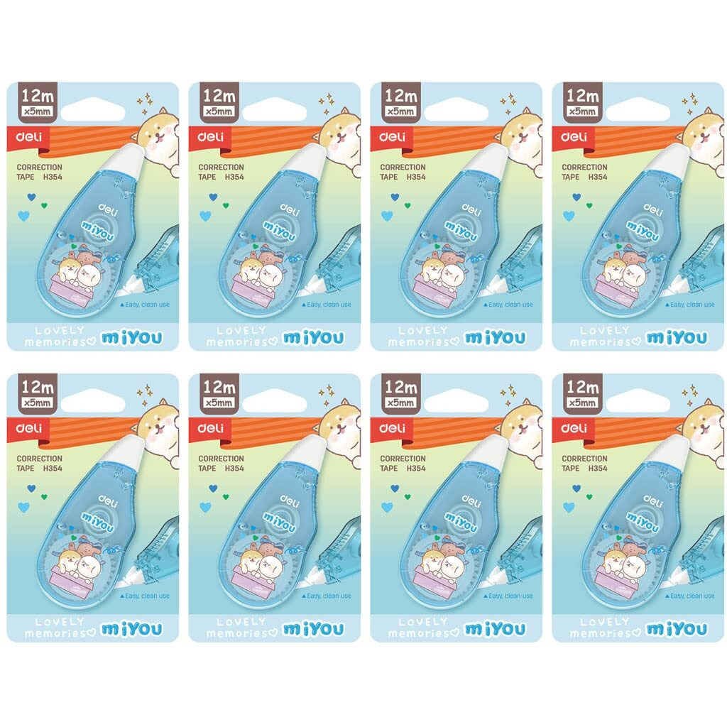 Deli Eh354 Miyou School Correction Tape, Non-Toxic Correction Tape For Office, School Project, 5Mmx 12M, Blue, Pack Of 8