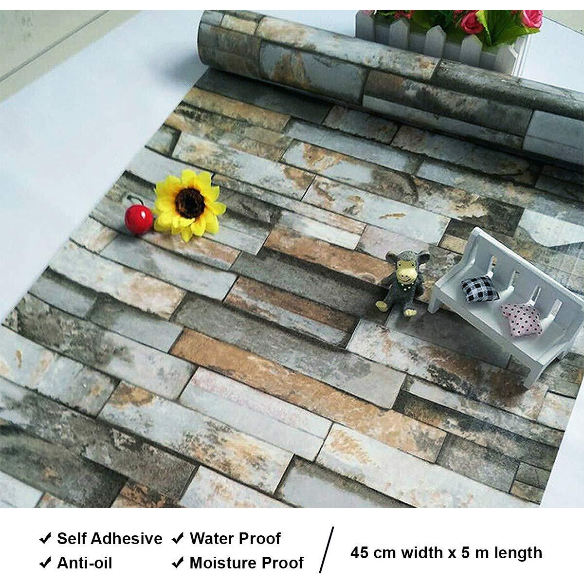 Wolpin Wall Stickers Wallpaper 3D Bricks (45 X 500 Cm) For Living Room Hall Decoration Diy Self Adhesive Vinyl, Gray