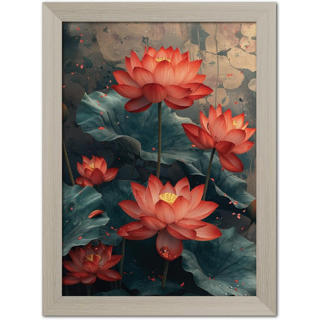 Tenorarts Red Lotus Photo Frame Vastu Positivity Abstract Art Framed Aesthetic Wall Painting With White Wooden Texture For Living Rooms Bedroom Office - Wall Paintings/Hangings (12Inches X 9Inches)