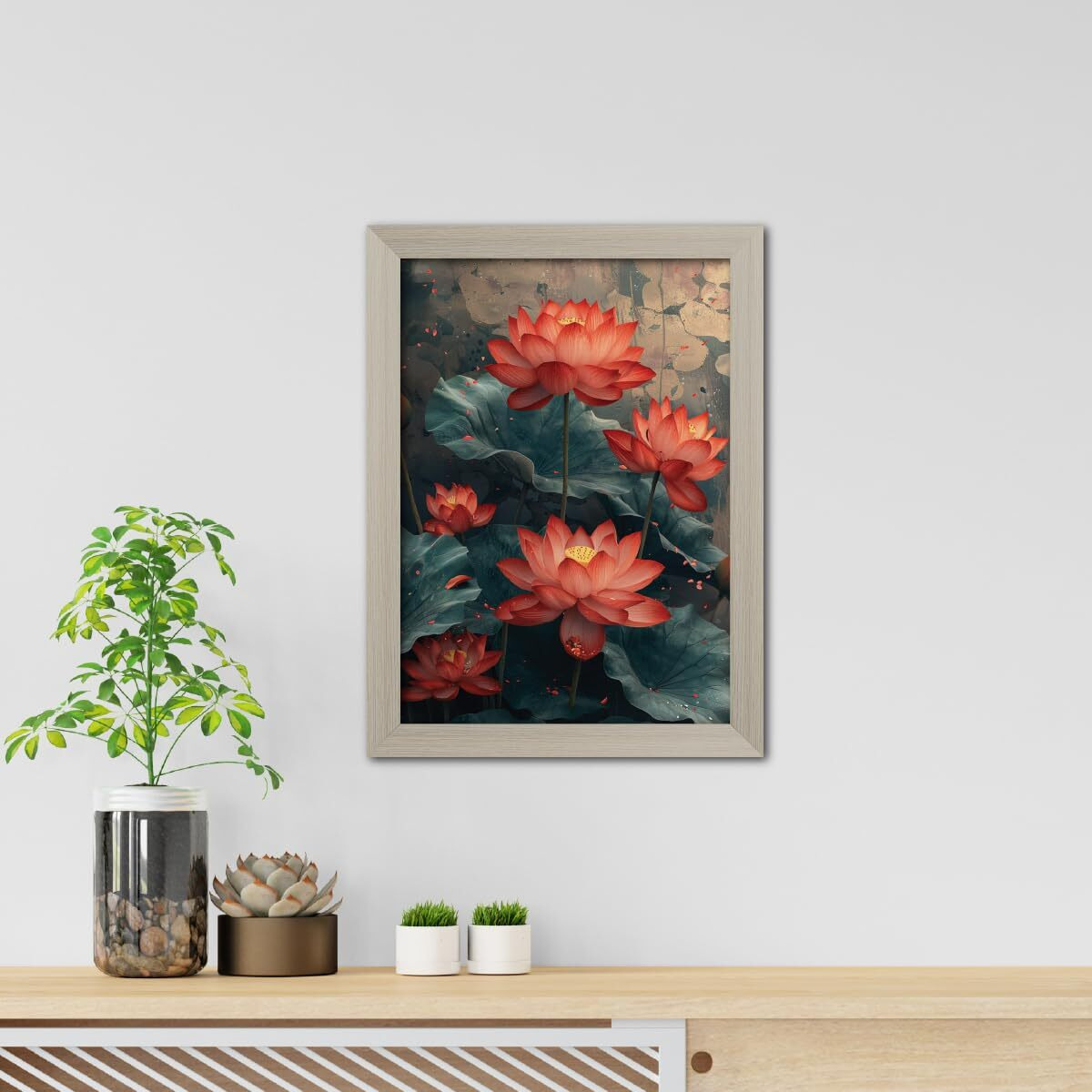Tenorarts Red Lotus Photo Frame Vastu Positivity Abstract Art Framed Aesthetic Wall Painting With White Wooden Texture For Living Rooms Bedroom Office - Wall Paintings/Hangings (12Inches X 9Inches)