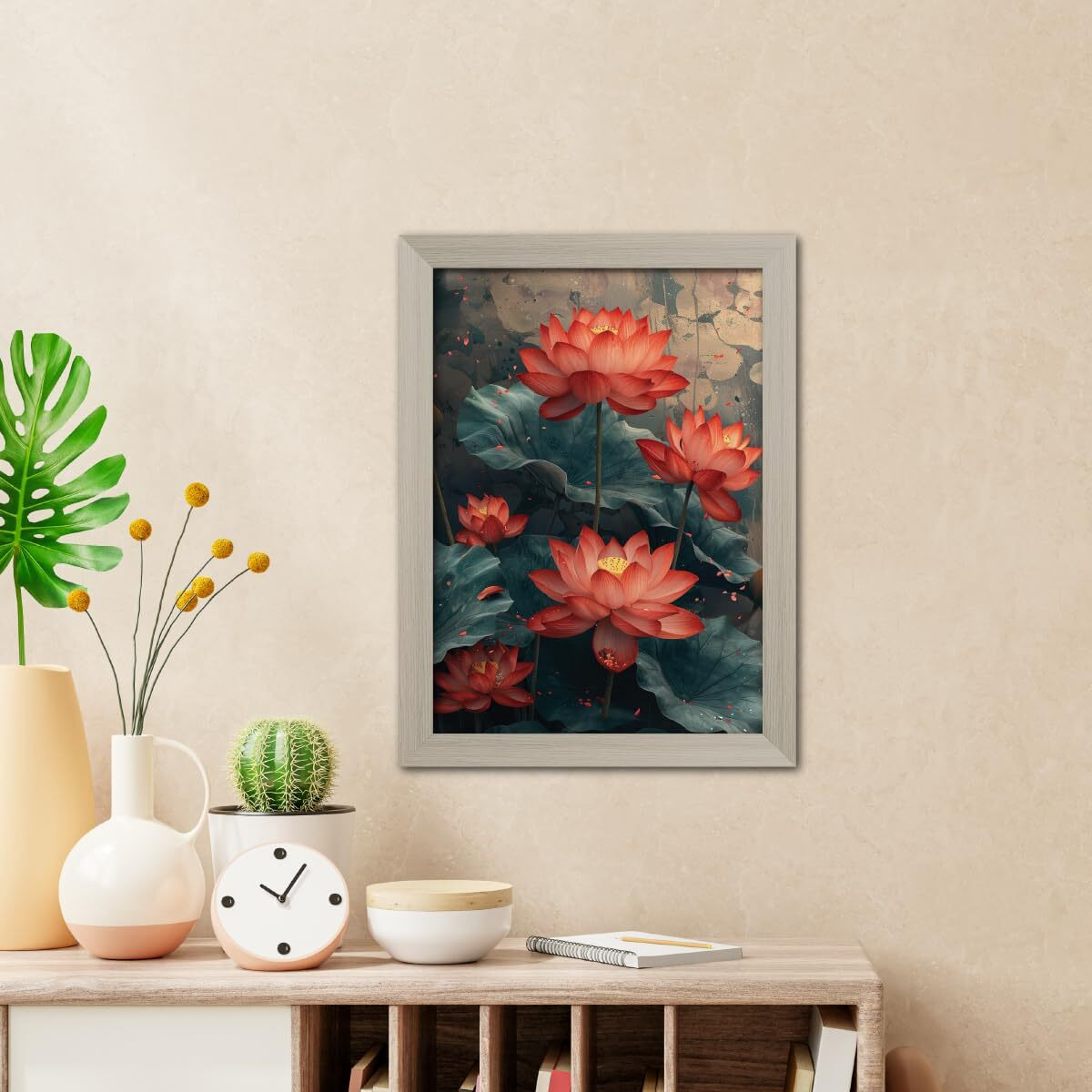 Tenorarts Red Lotus Photo Frame Vastu Positivity Abstract Art Framed Aesthetic Wall Painting With White Wooden Texture For Living Rooms Bedroom Office - Wall Paintings/Hangings (12Inches X 9Inches)