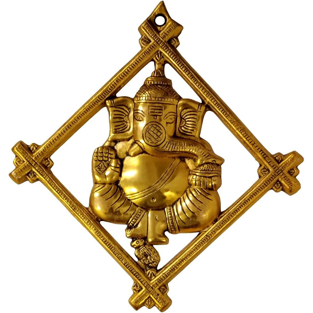 Purpledip Metal Wall Door Hanging Ganesha Ganapathi Vinayak Plaque, Golden (12682)