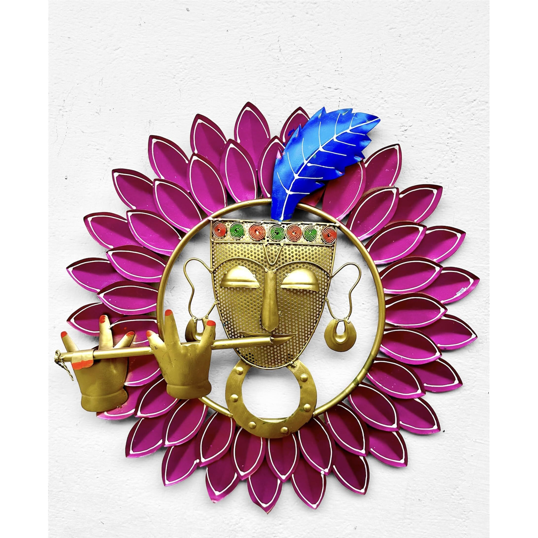 Anshika International Antique Metal Krishna Playing Basuri Wall Art Frame, Wall Hangings For Home Decoration, Scenery Showpiece Wall Sculpture For Living Room, Decorative Items (Size 23X23 In) Brown