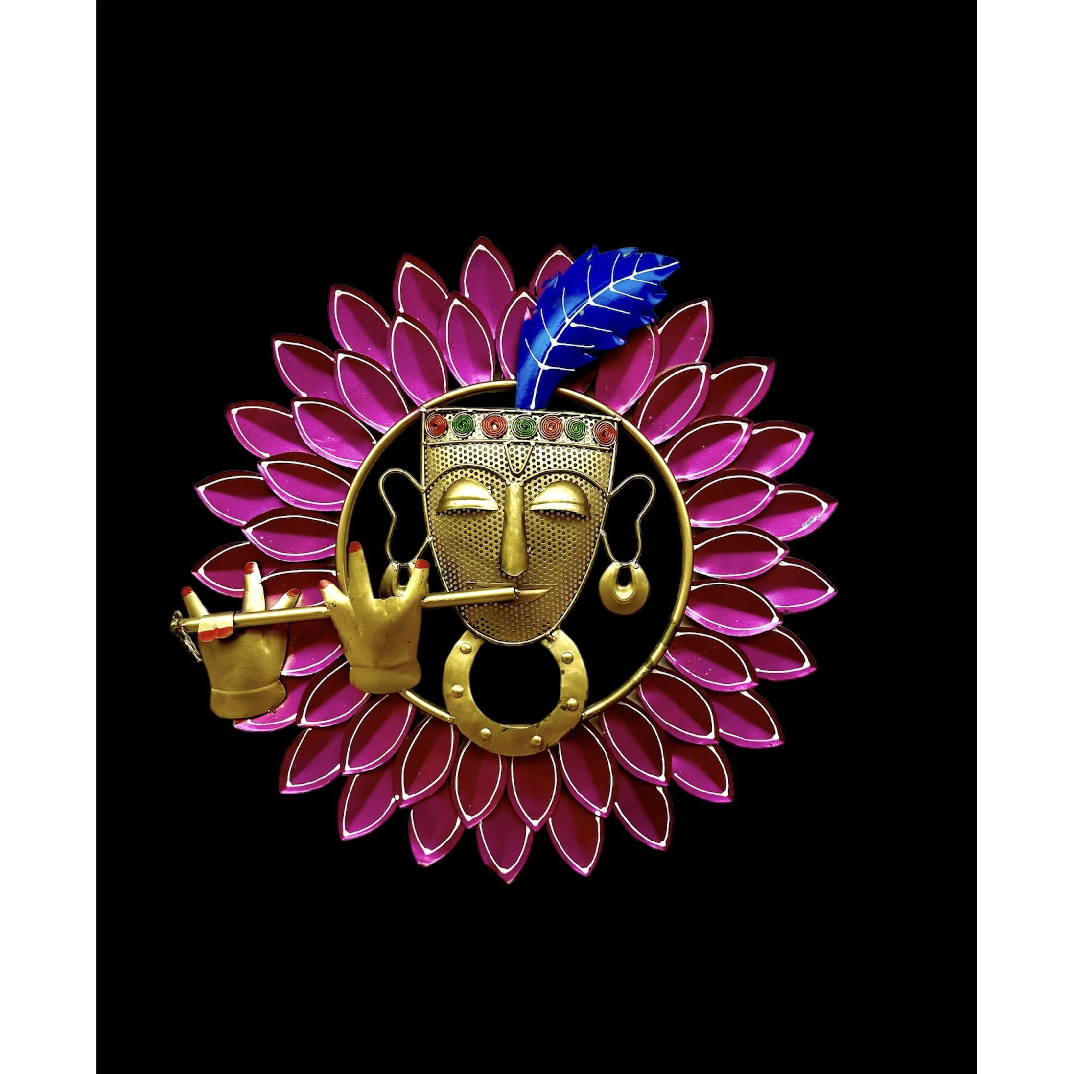 Anshika International Antique Metal Krishna Playing Basuri Wall Art Frame, Wall Hangings For Home Decoration, Scenery Showpiece Wall Sculpture For Living Room, Decorative Items (Size 23X23 In) Brown