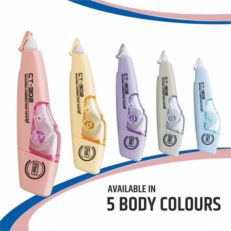 Flair Ct 302 Correction Tape | Non-Toxic & Tear Resistant | 5Mm X 6M | Pack Of 6 - Body Color May Vary