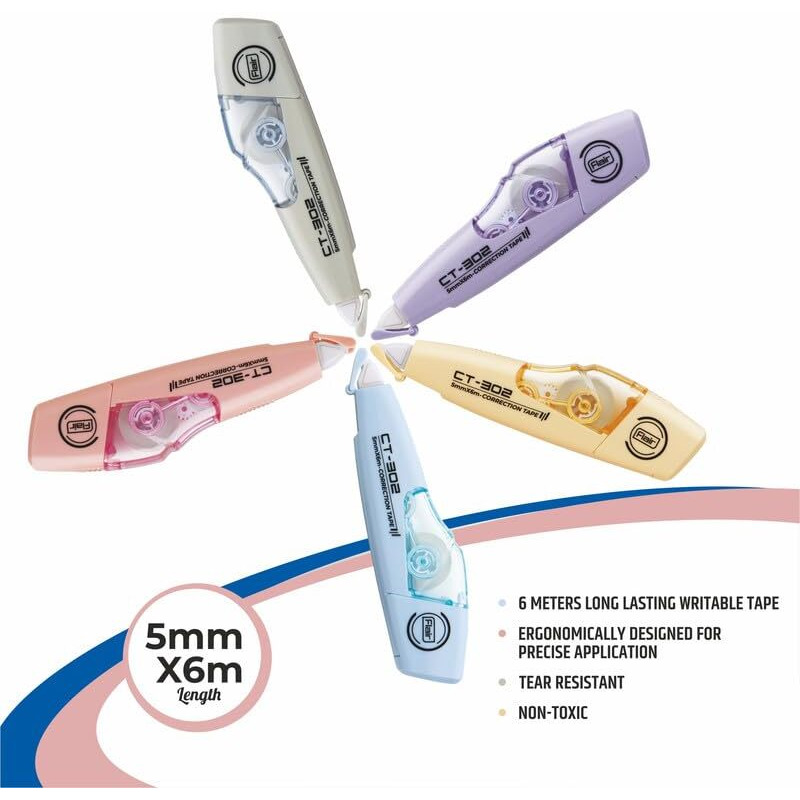 Flair Ct 302 Correction Tape | Non-Toxic & Tear Resistant | 5Mm X 6M | Pack Of 6 - Body Color May Vary