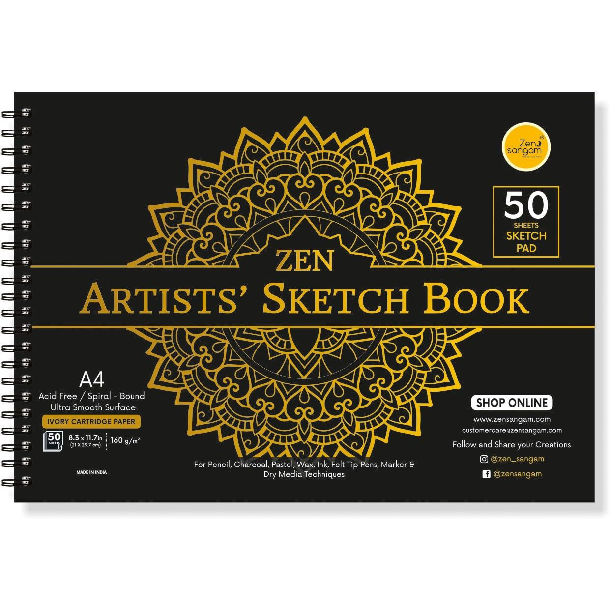 Zen Sangam Artists - A4 Spiral Sketchpad Drawing Notebook - 160 Gsm - Ultra Smooth Surface - 50 Sheets (100 Pages) - Size (21X29.7Cm) - Wiro Sketchbook