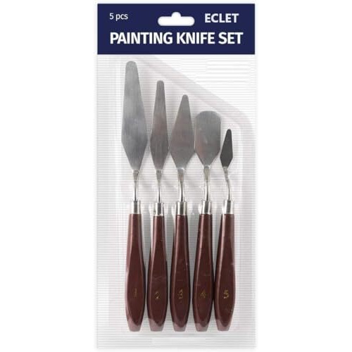 Eclet Palette Painting Knives - Set Of 5 Various Sizes & Shapes, Stainless Steel Scraper Spatula With Polished Brown Handle For Artist Canvas Oil Paint Mixing Colour(C)